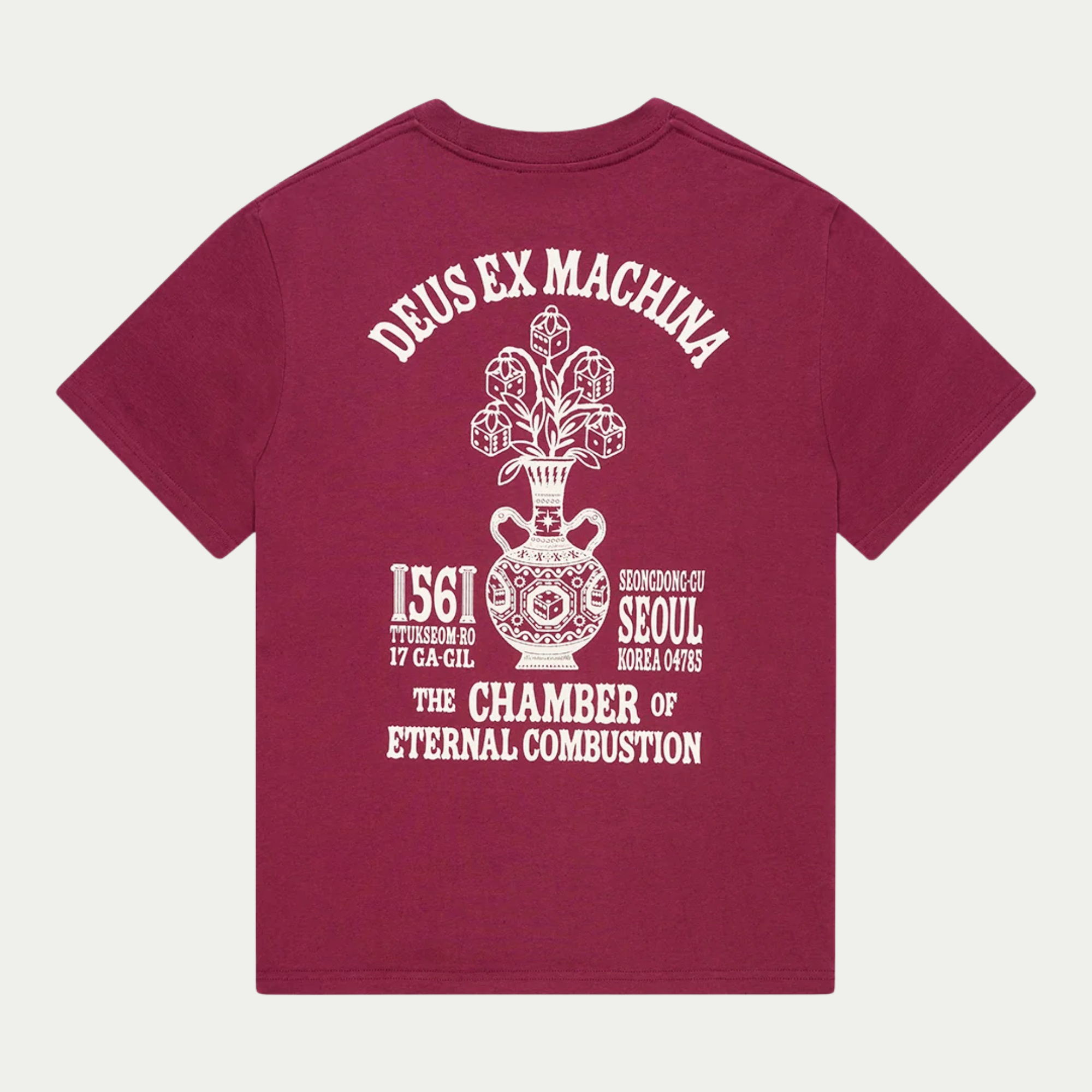 T-shirt Seoul Ceramic bordeaux Deus Ex Machina, vue de dos à plat : sérigraphie écrue d’un vase en céramique fleuri de dés
