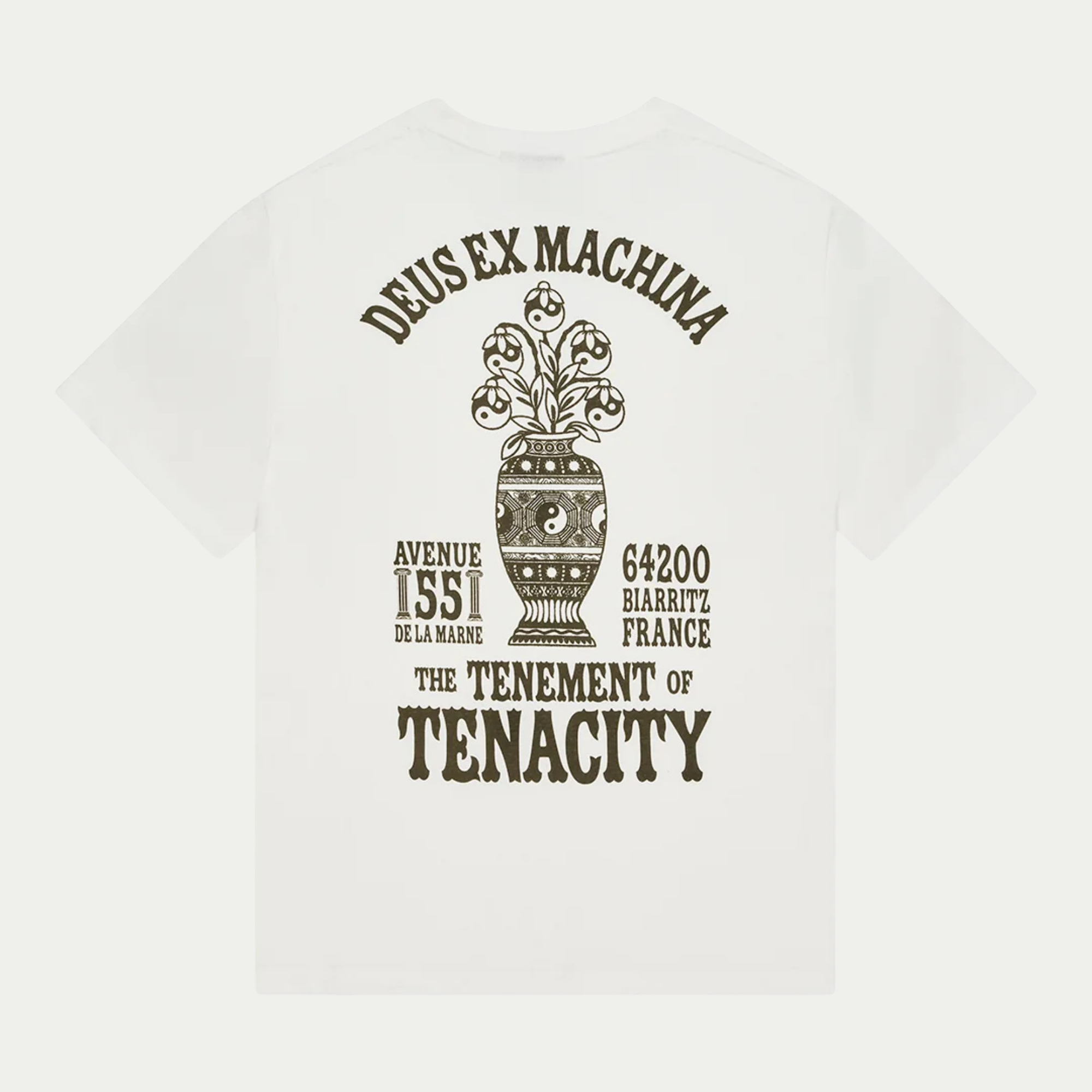T-shirt Biarritz Ceramic blanc vu de dos : vase en céramique fleuri et adresse Biarritz imprimés en olive