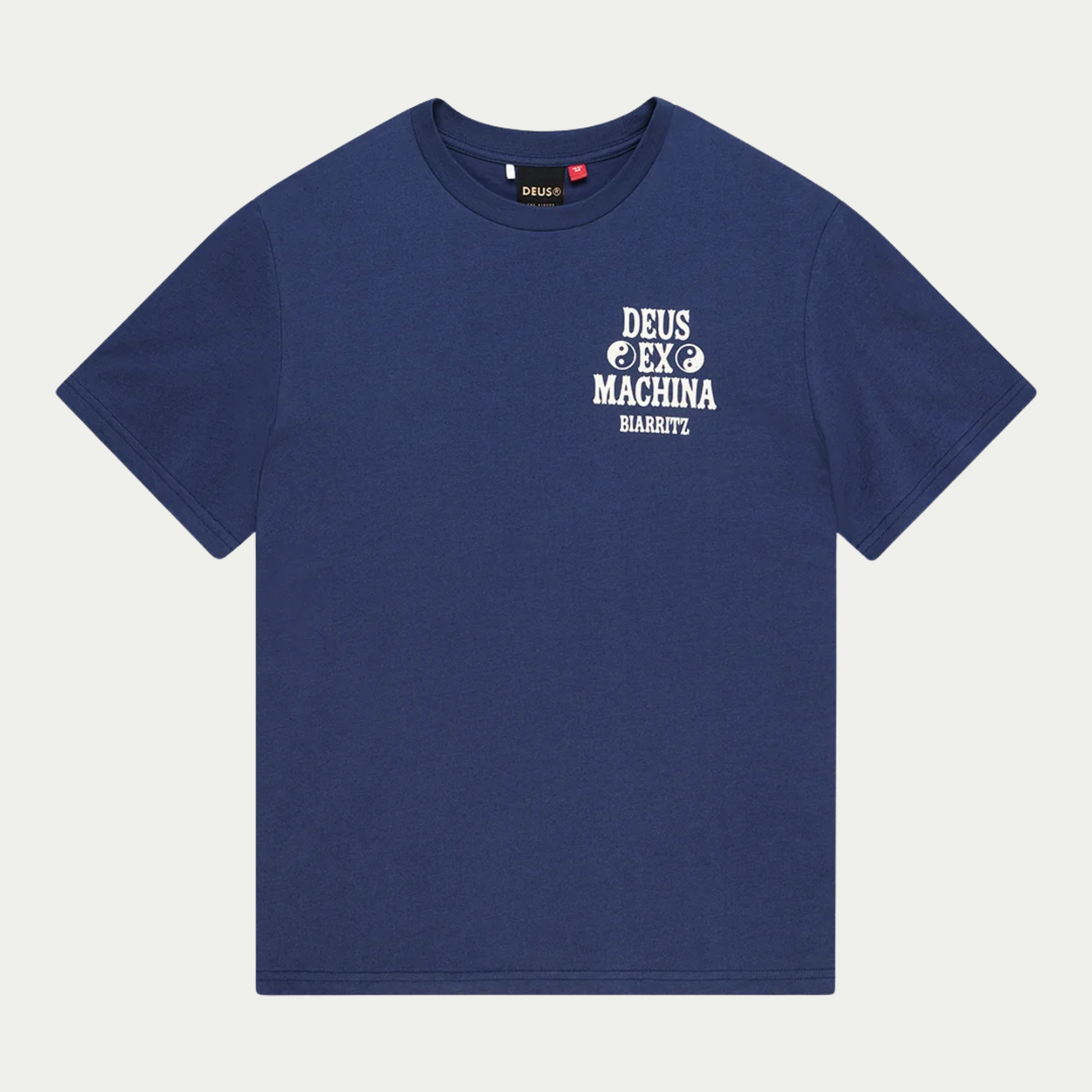 T-shirt Biarritz Ceramic bleu marine Deus Ex Machina, vue de face à plat, imprimé écru en haut de poitrine droite