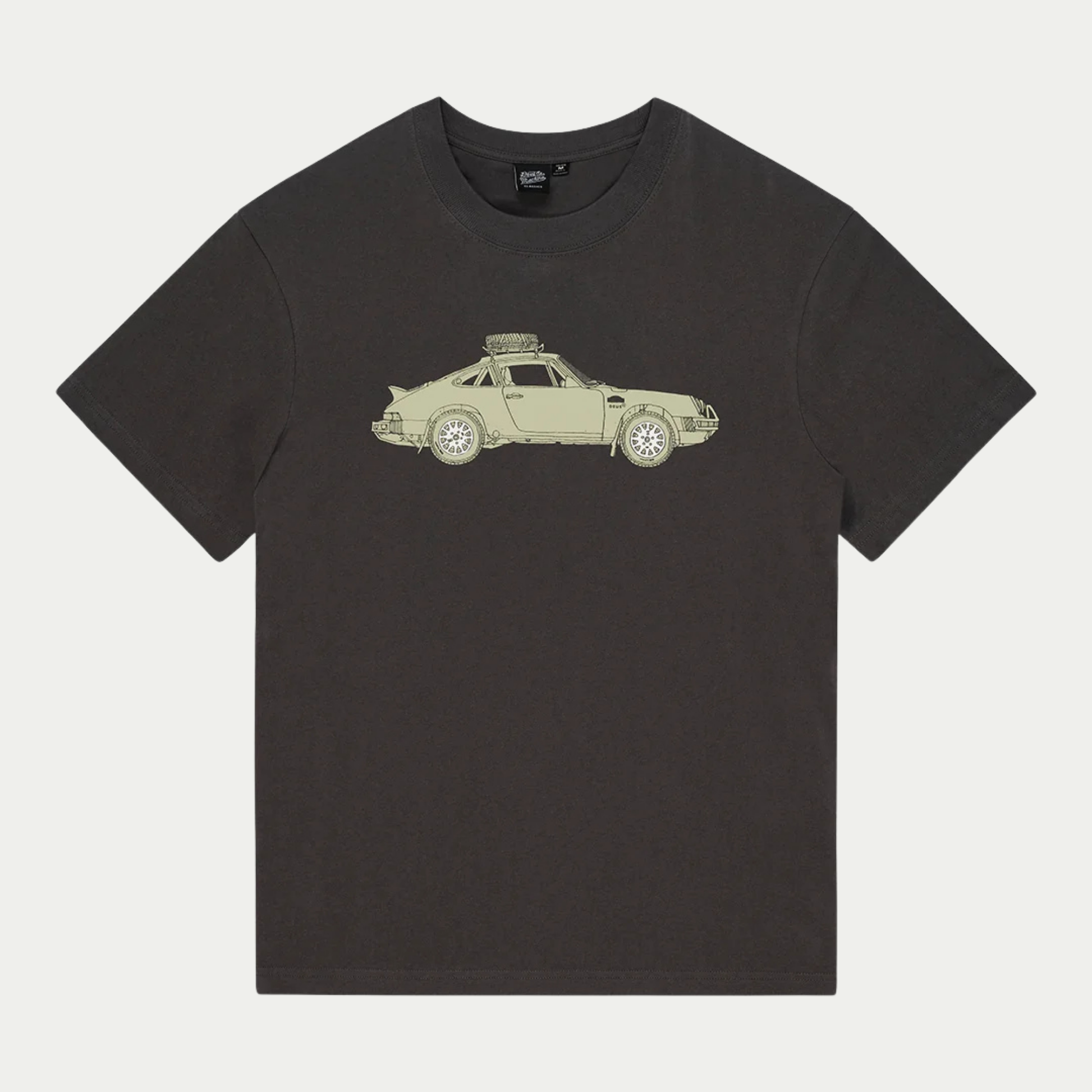 T-shirt Park anthracite Deus Ex Machina à plat de face, illustration Porsche 911 safari vert amande sur la poitrine