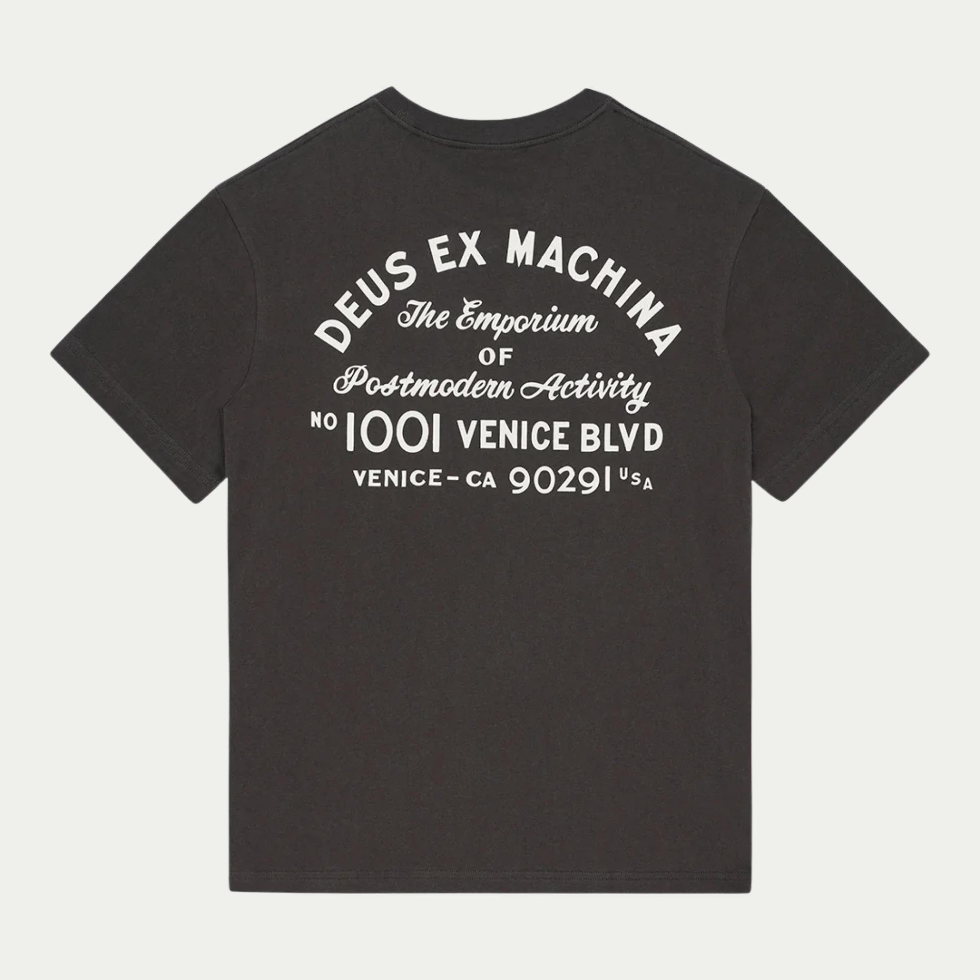 T-shirt Park anthracite Deus Ex Machina vu de dos, imprimé blanc cassé Emporium of Postmodern Activity, 1001 Venice Blvd