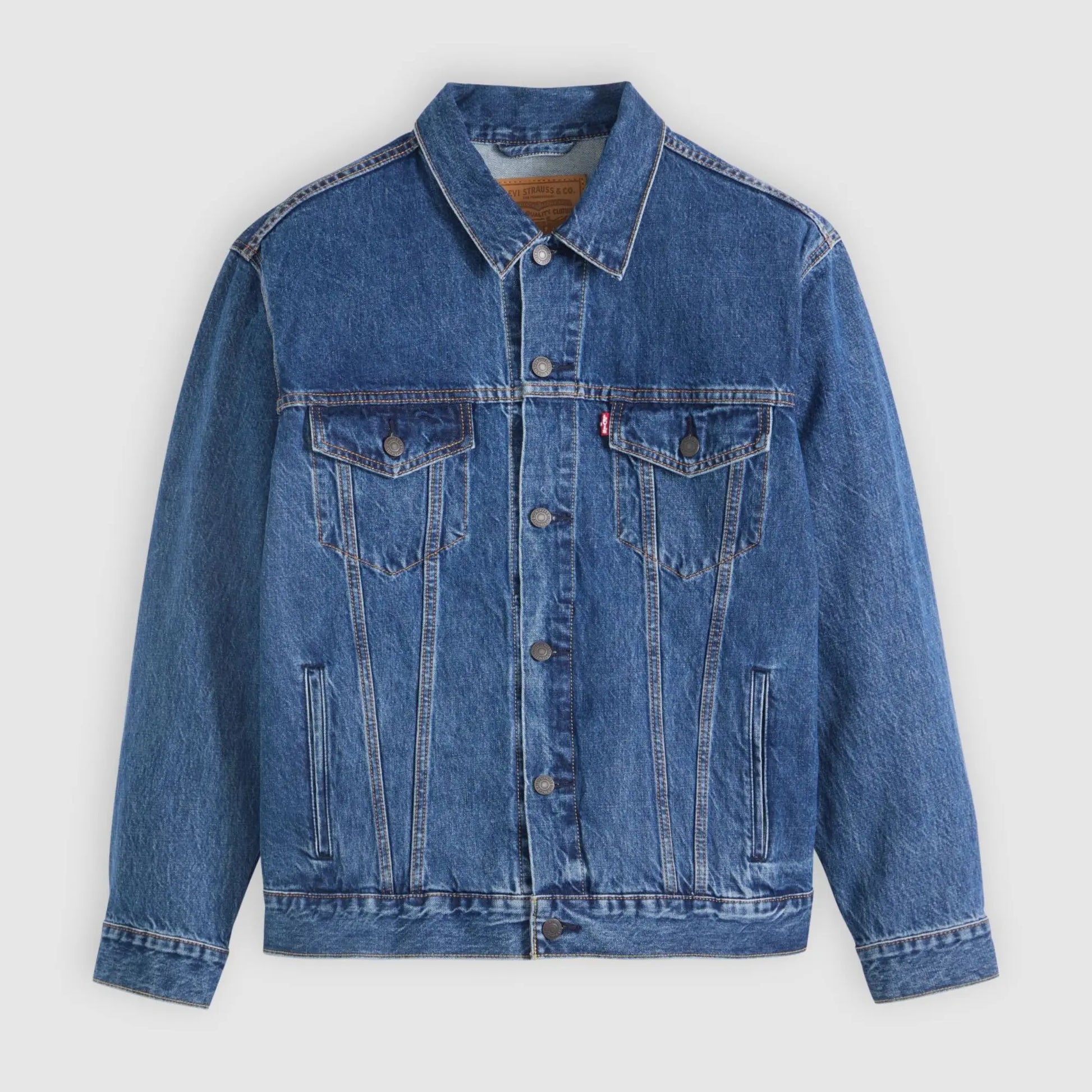 Veste Levi's Trucker Relaxed Fit Million Dollar, denim bleu moyen délavé, vue à plat de face boutonnée