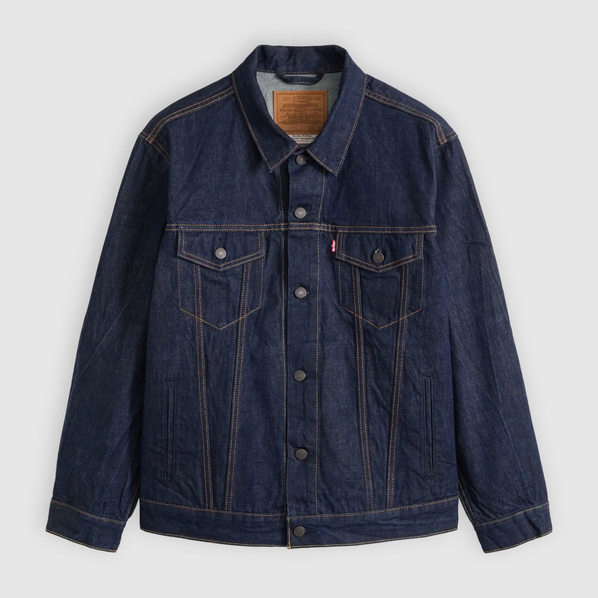 Veste Trucker Relaxed Fit Levi's Wash It Out Rinsed, denim indigo brut, vue à plat de face boutonnée
