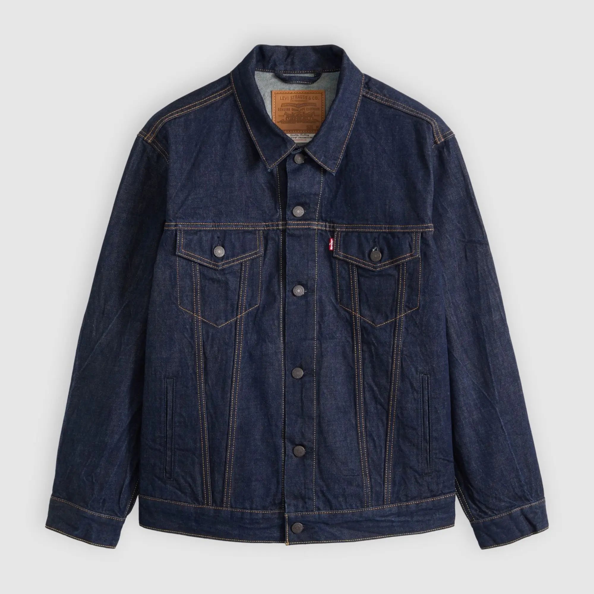 Veste Trucker Relaxed Fit Levi's Wash It Out Rinsed, denim indigo brut, vue à plat de face boutonnée