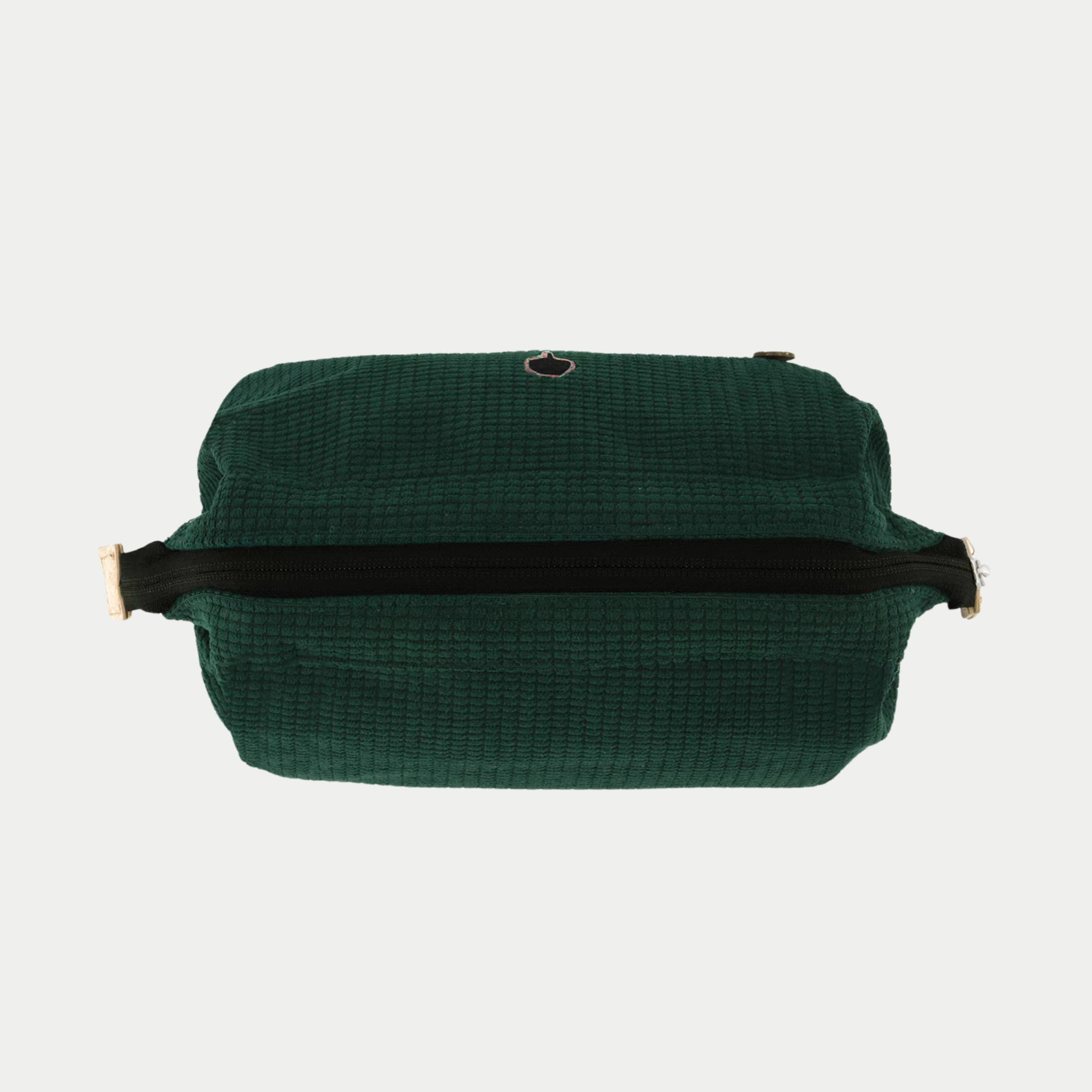 Trousse de toilette Faguo velours côtelé vert foncé vue de dessus, large ouverture zippée noire déployée