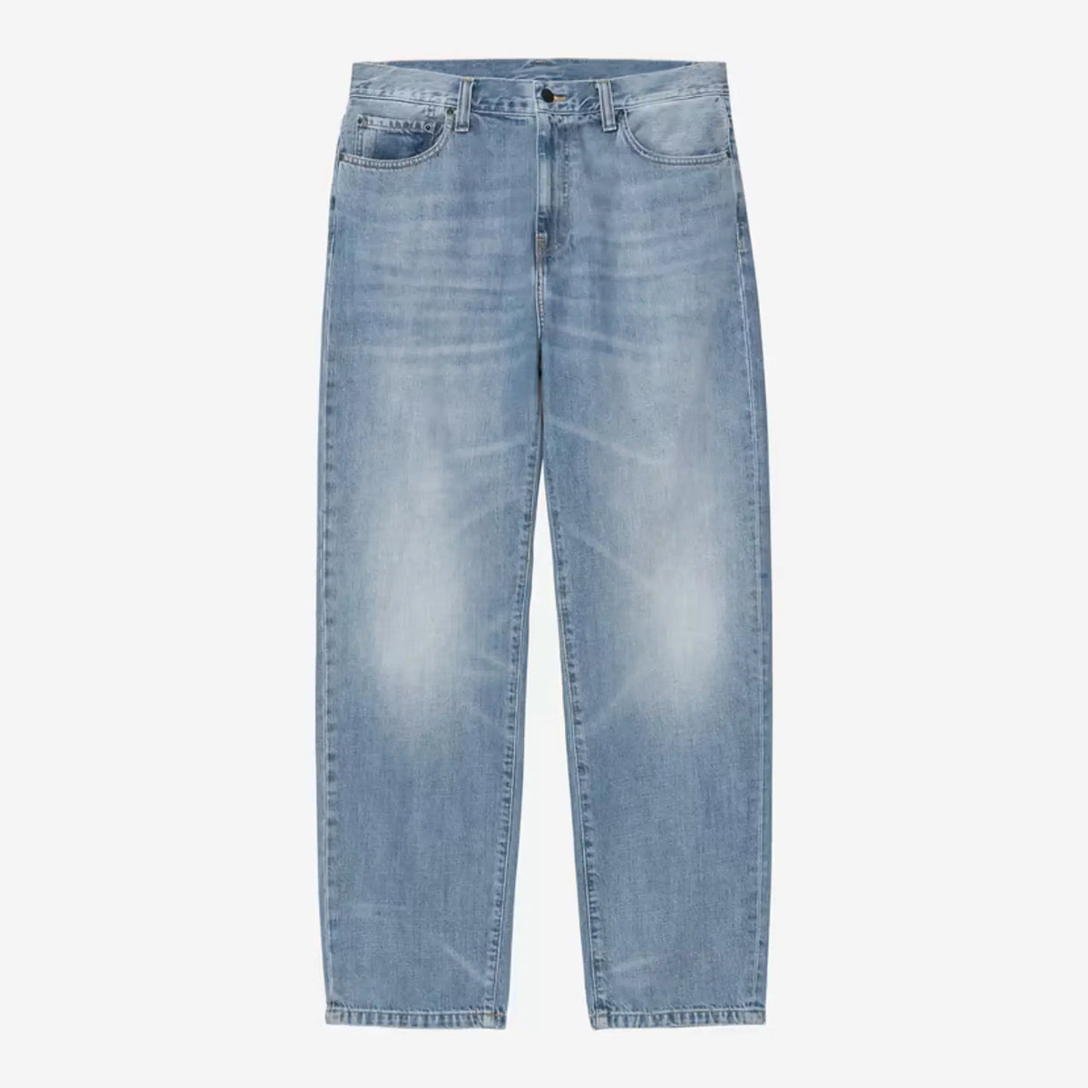 Aaron Pant Carhartt WIP Blue Burst Wash à plat de face, denim bleu clair aux éclats blanchis sur les cuisses