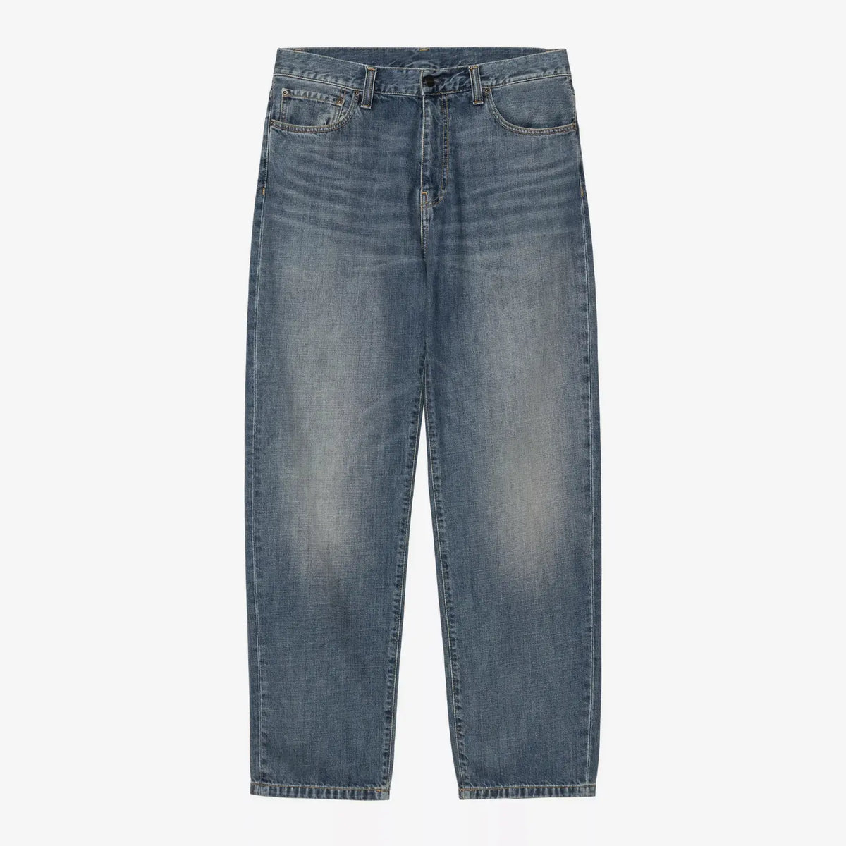 Aaron Pant Carhartt WIP Blue Dark Used à plat de face, denim bleu moyen patiné, moustaches claires aux cuisses
