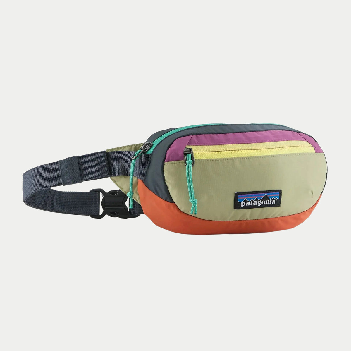 Banane Terravia Patchwork Gumtree Green : panneaux kaki, orange, violet, jaune et gris, tirettes vertes