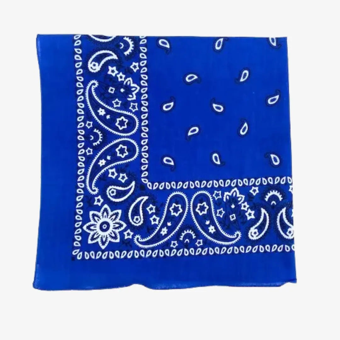 Bandana en coton bleu roi vif plié en carré, motif cachemire blanc souligné de bleu marine