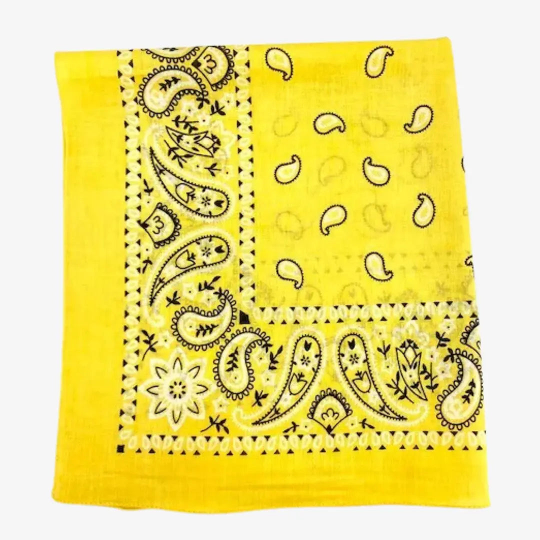 Bandana jaune citron vif plié, frise cachemire crème et noire le long du bord