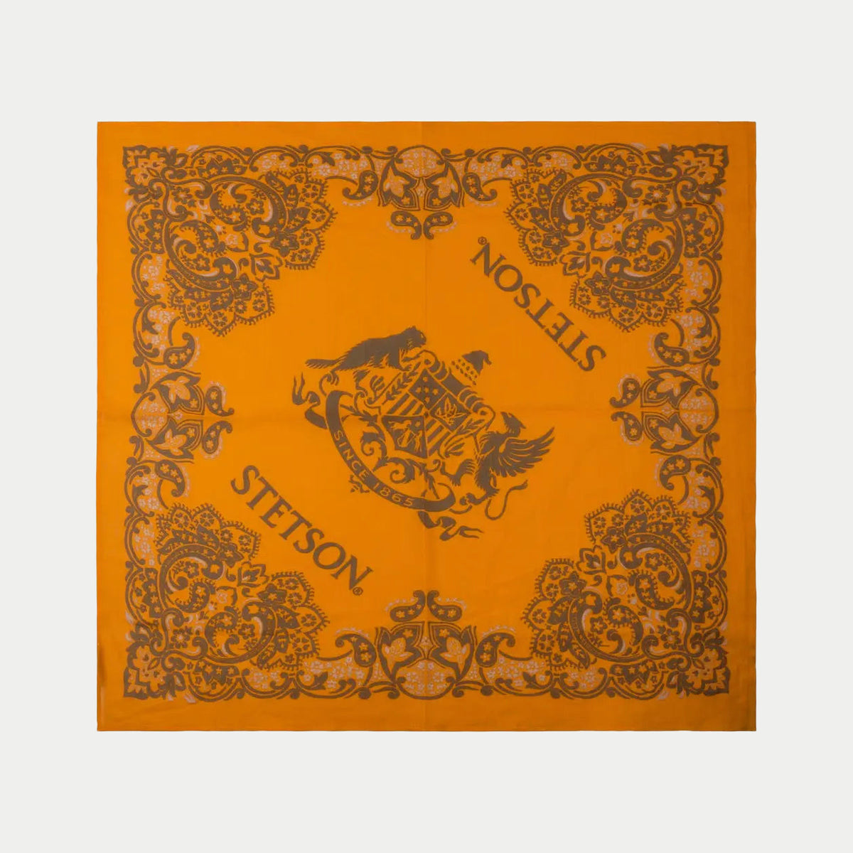 Bandana carré jaune safran déplié, blason Stetson et bordure paisley brun kaki
