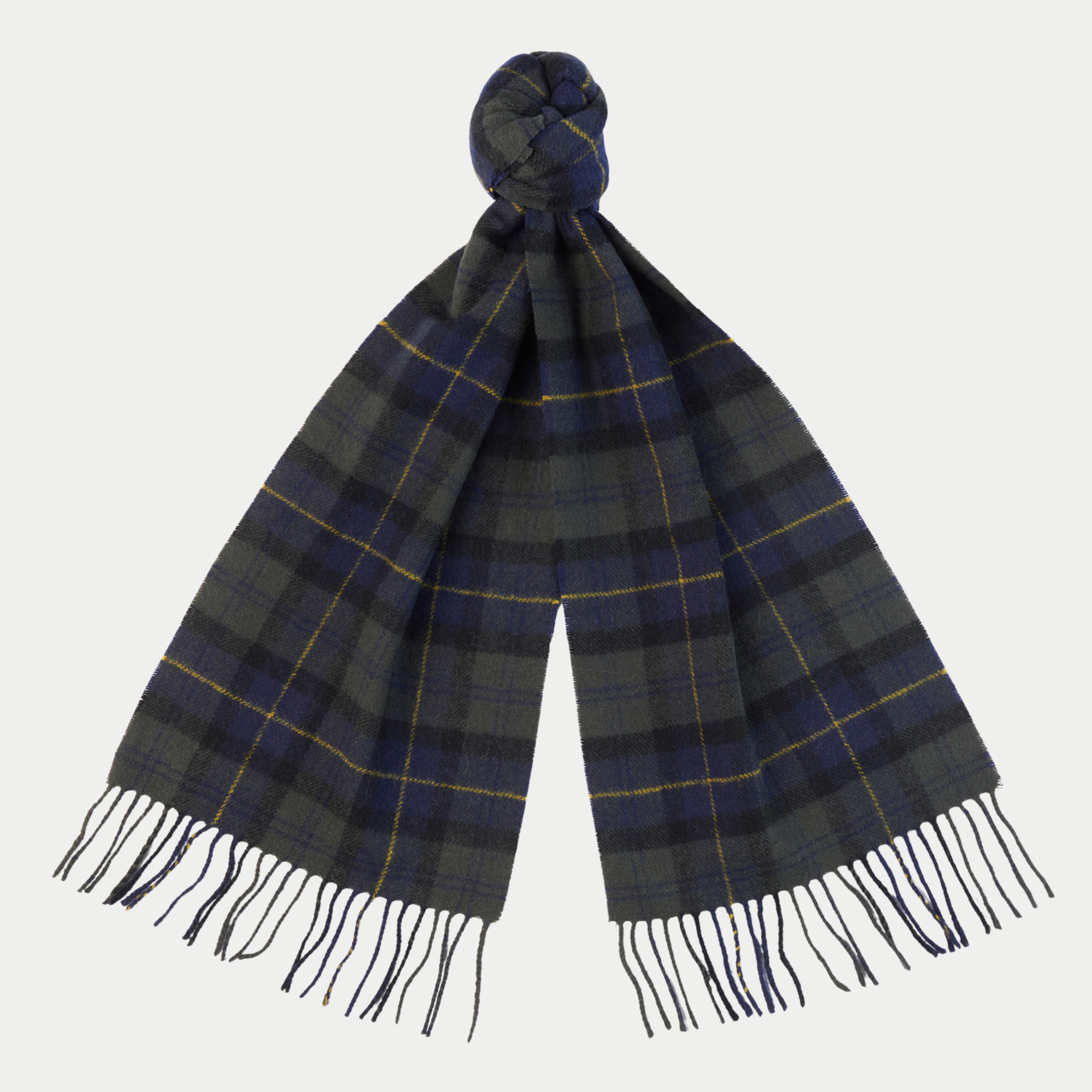 Écharpe Barbour en laine d’agneau nouée, tartan vert foncé et bleu marine à fins filets jaune moutarde.
