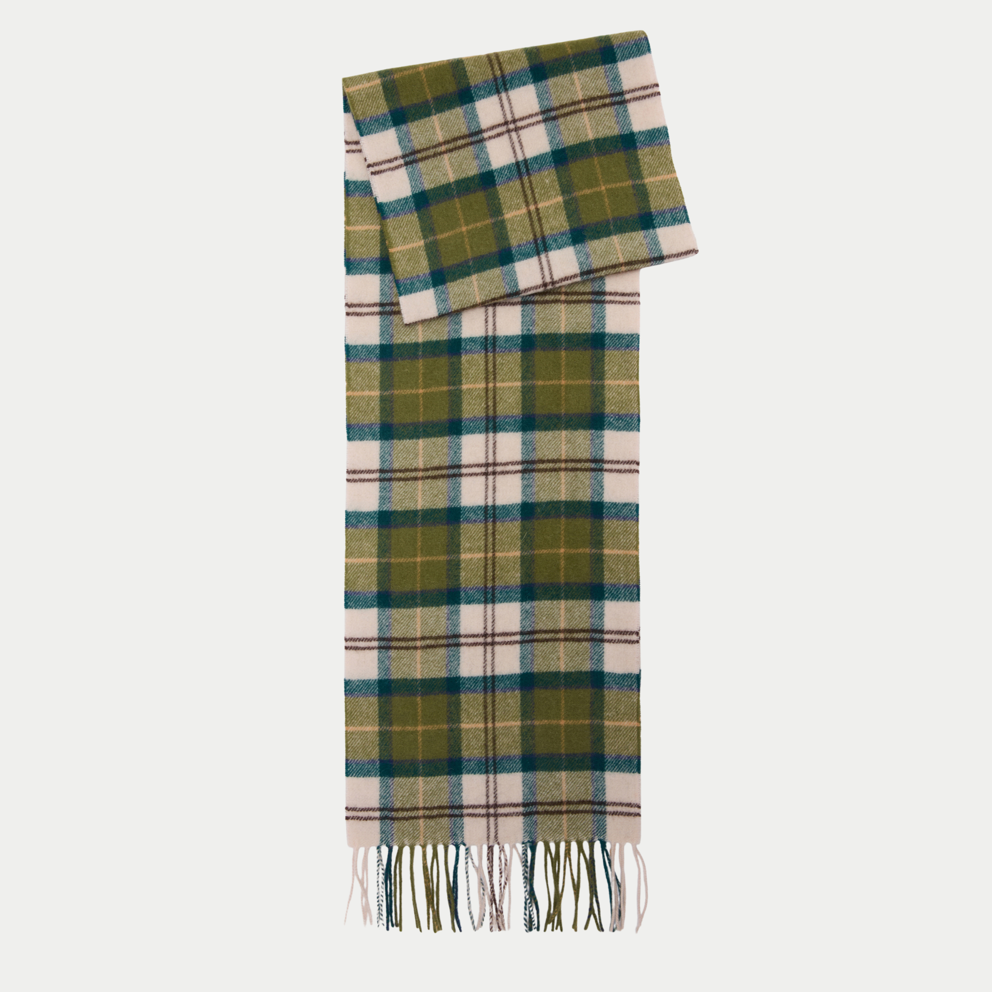 Écharpe Barbour tartan vert mousse et écru à lignes vert sapin, pan replié et franges, laine d'agneau