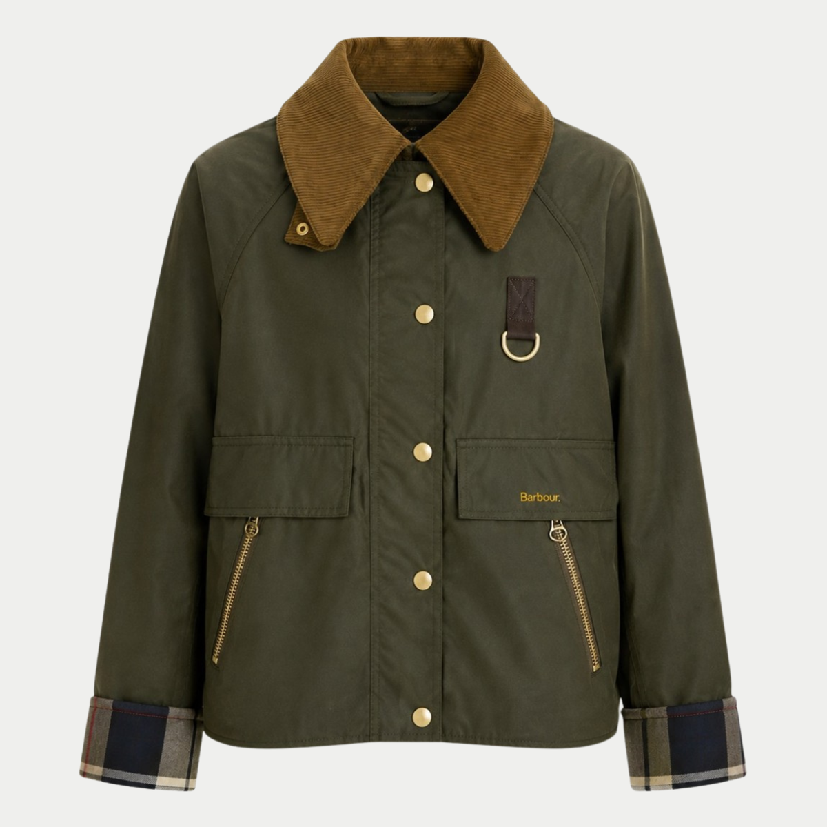 Veste Catton Barbour en coton ciré vert olive : col velours fauve, anneau en D et poignets à doublure tartan