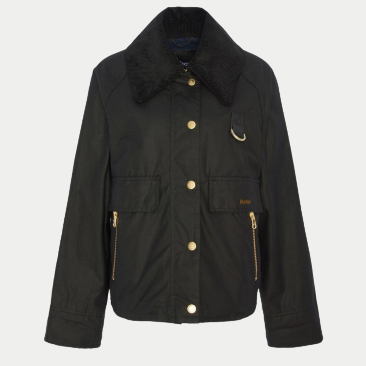 Veste Catton Barbour en coton ciré noir : col velours ton sur ton, anneau en D sur cuir et poches zippées