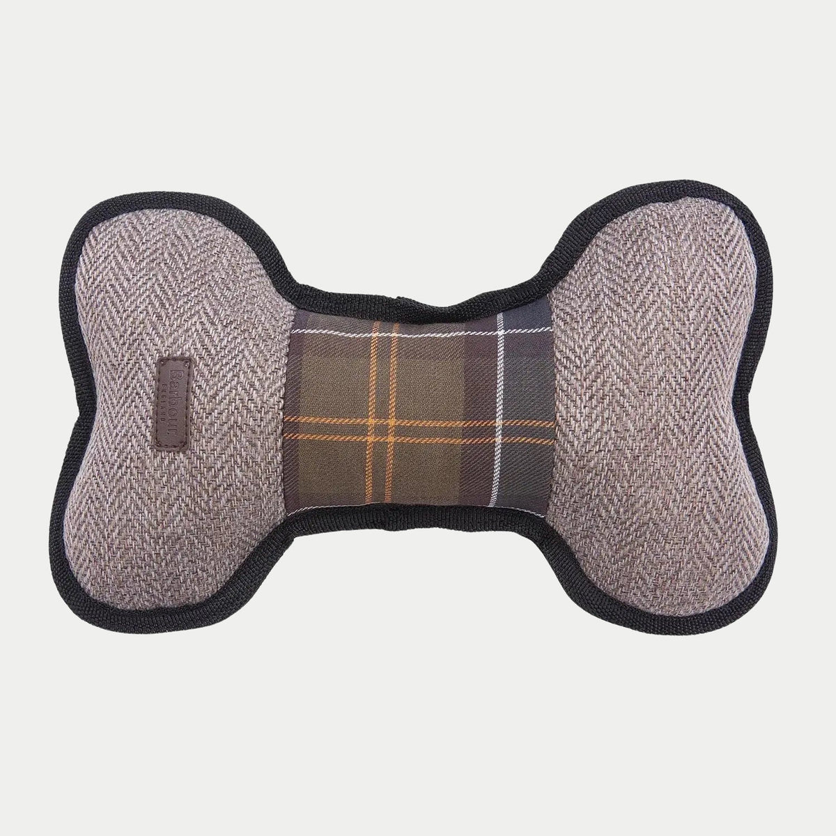Jouet en forme d'os en tweed chevron gris-beige, bande centrale tartan et passepoil noir