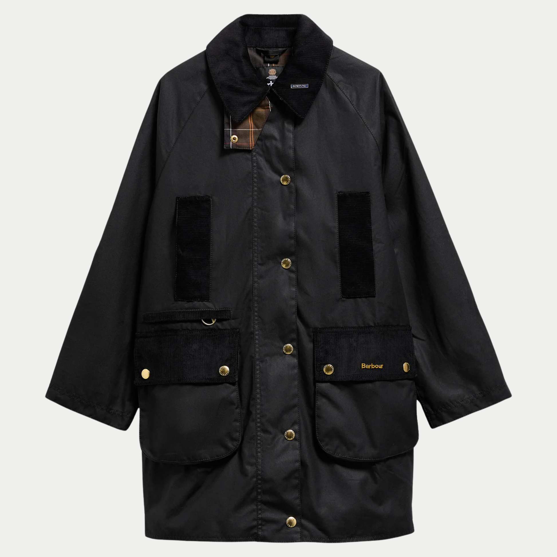 Veste cirée Icons Modern Beaufort noire Barbour à plat, col et poches velours, pressions dorées