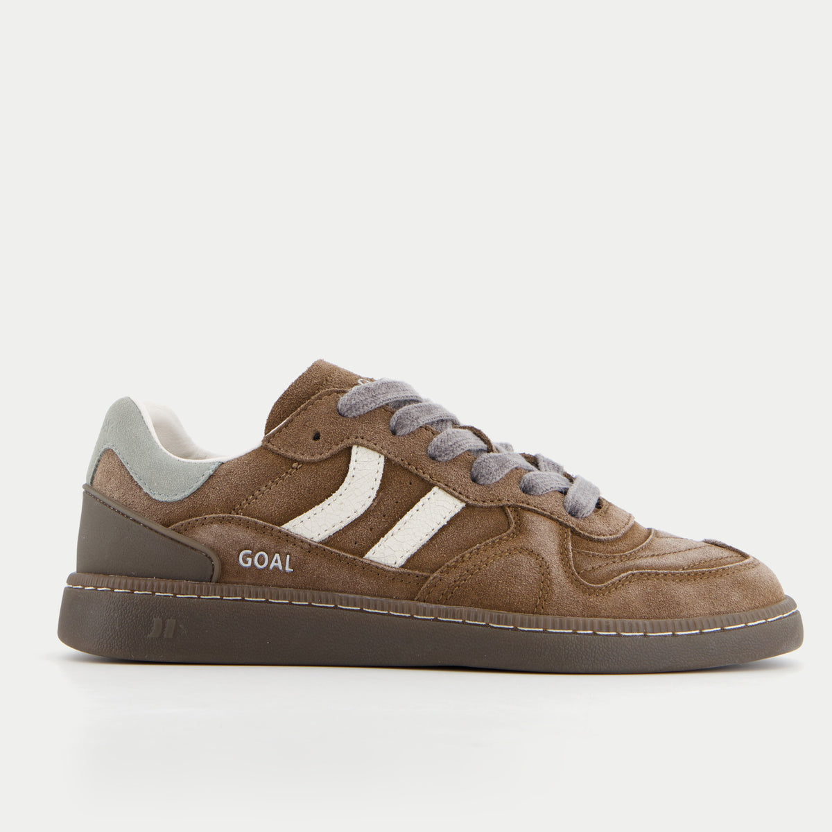 Baskets Goal Brown Washed brun tabac Coolway - profil extérieur, double bande écrue et contrefort vert sauge