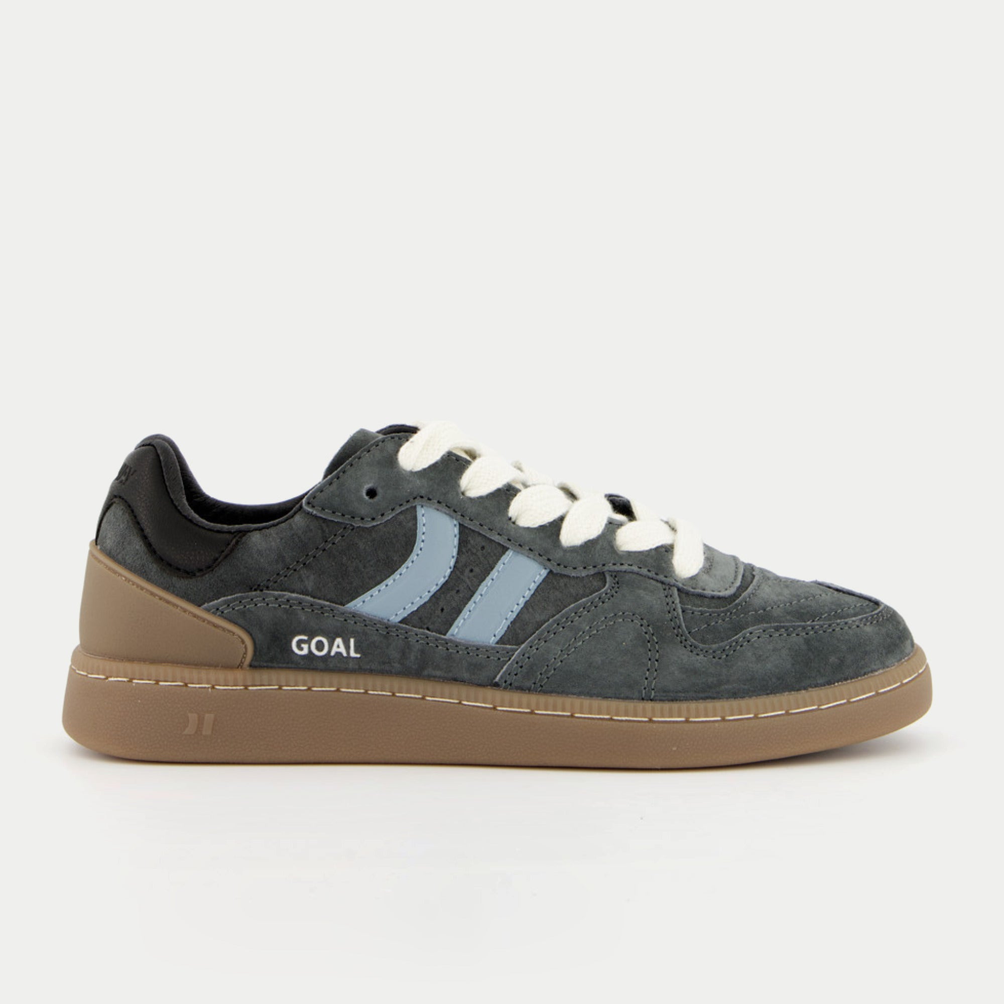 Baskets Goal anthracite Coolway - profil extérieur, double bande bleu ciel et semelle gomme caramel