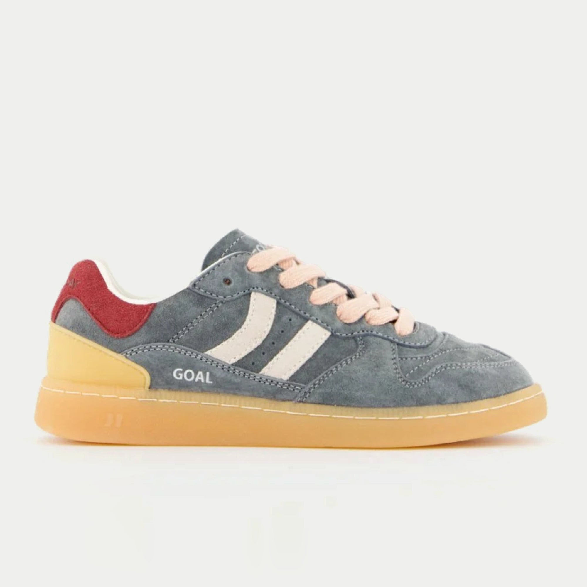 Baskets Goal Marina Glide bleu gris Coolway - profil extérieur, contrefort rouge, talon jaune et semelle gomme