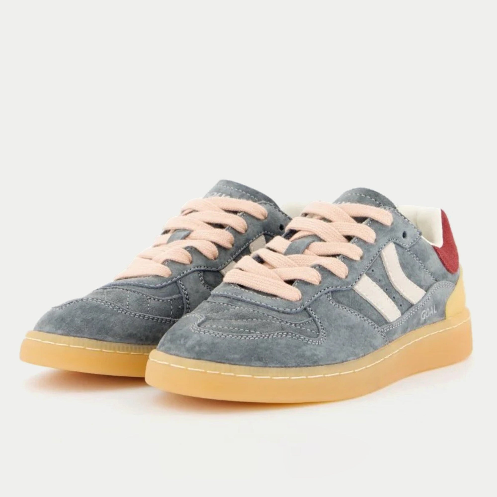 Baskets Goal Marina Glide bleu gris Coolway - paire de trois quarts avant, lacets rose et double bande écrue