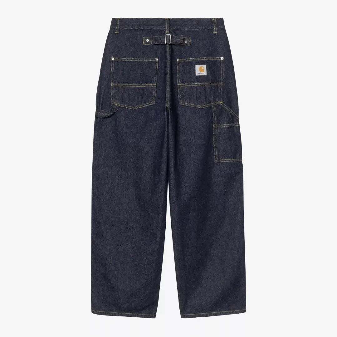 Belmont Pant Blue Rinsed Carhartt WIP de dos : denim indigo, poches plaquées, passant marteau, sangle à boucle