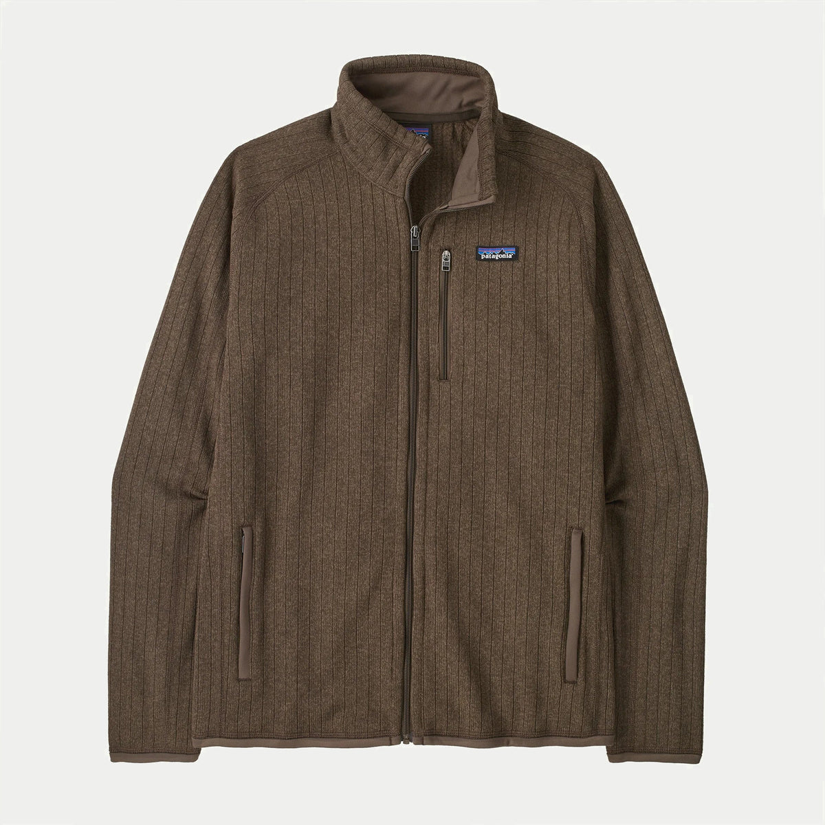 Polaire Better Sweater Marlow Brown Rib Knit Patagonia à plat de face, zip intégral fermé et poche poitrine zippée