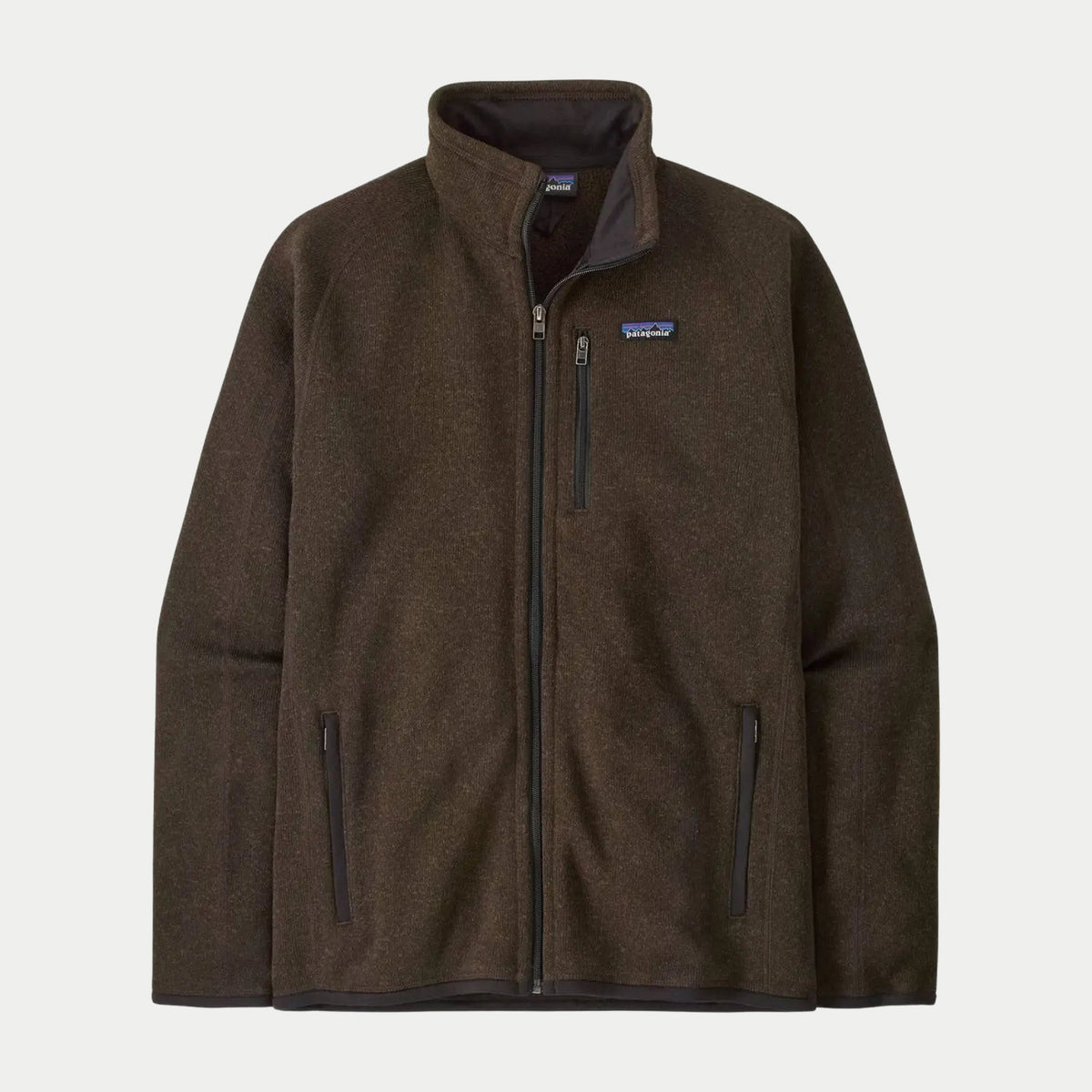 Better Sweater Otter Brown à plat : maille brun foncé chinée, col et zips contrastés noirs