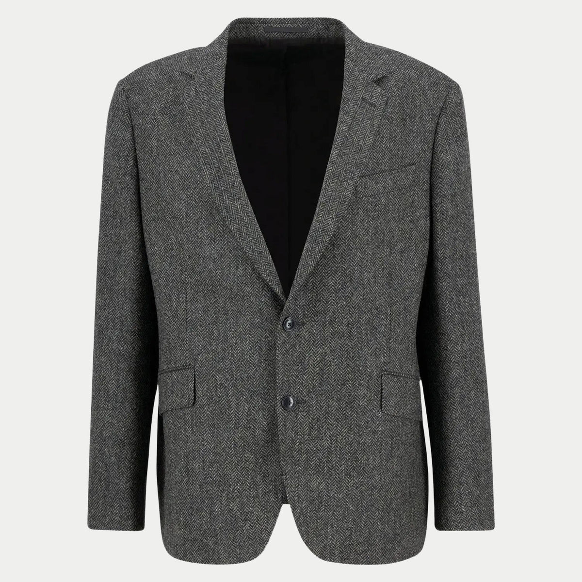 Blazer Firth Moons gris à plat, tweed à chevrons, deux boutons et poche poitrine passepoilée