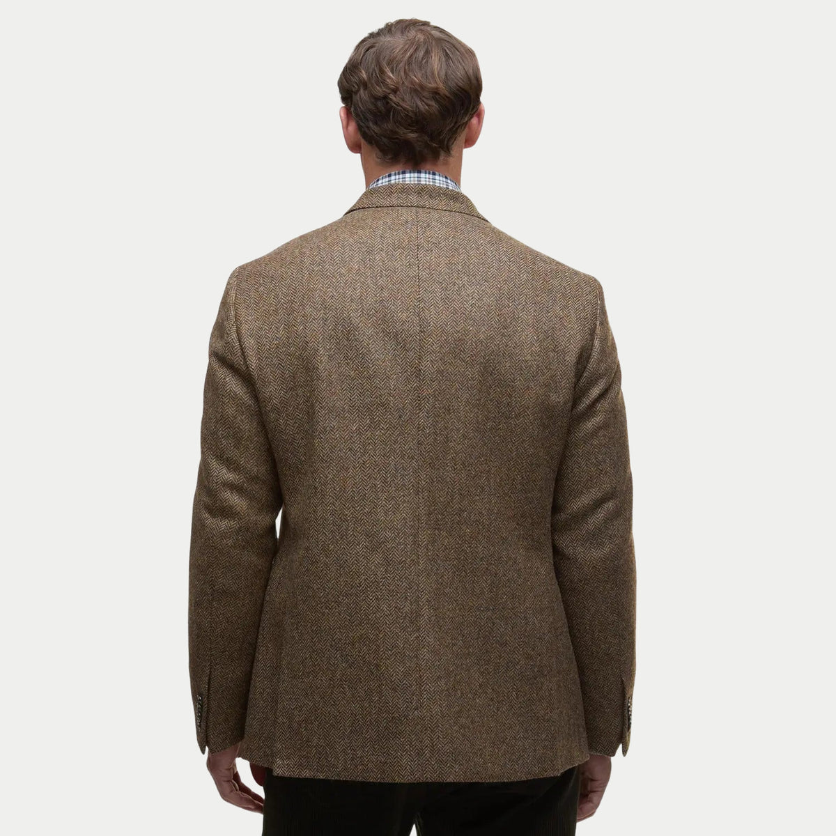 Dos du blazer Firth Moons marron, tweed à chevrons et double fente latérale