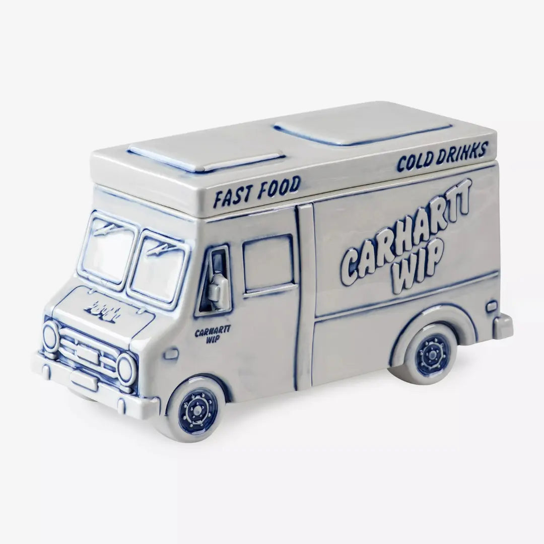 Boîte à glaçons en céramique blanche à décor bleu en forme de camion Fast Food, couvercle en place
