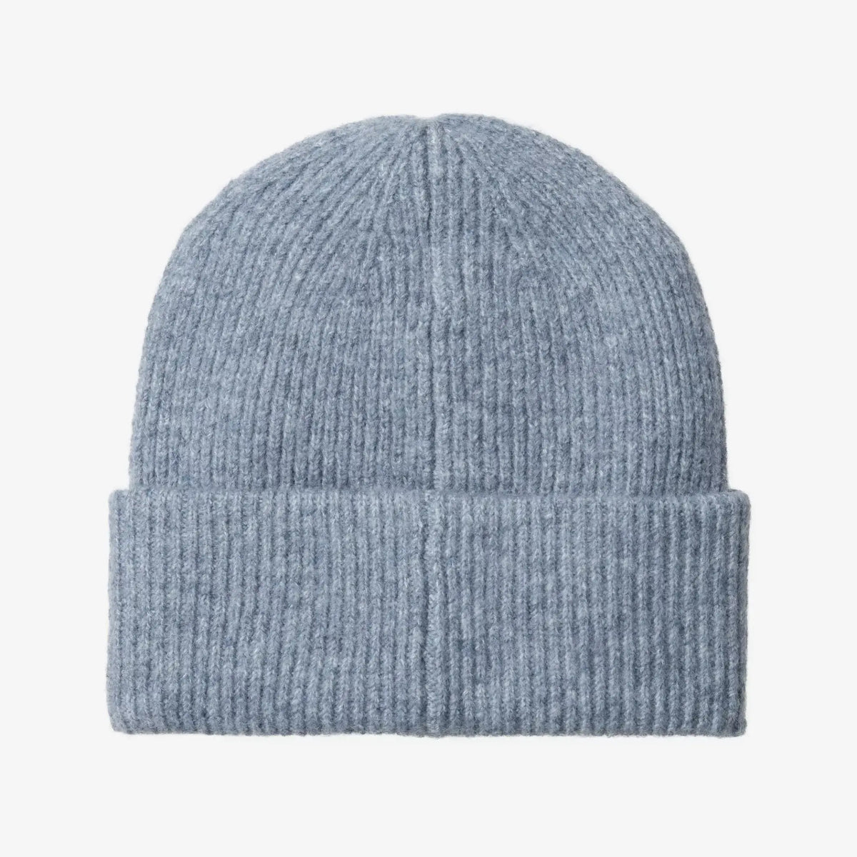 Bonnet Curtis Shady Blue Carhartt WIP vu de dos, maille côtelée bleu gris clair chiné, revers large sans logo
