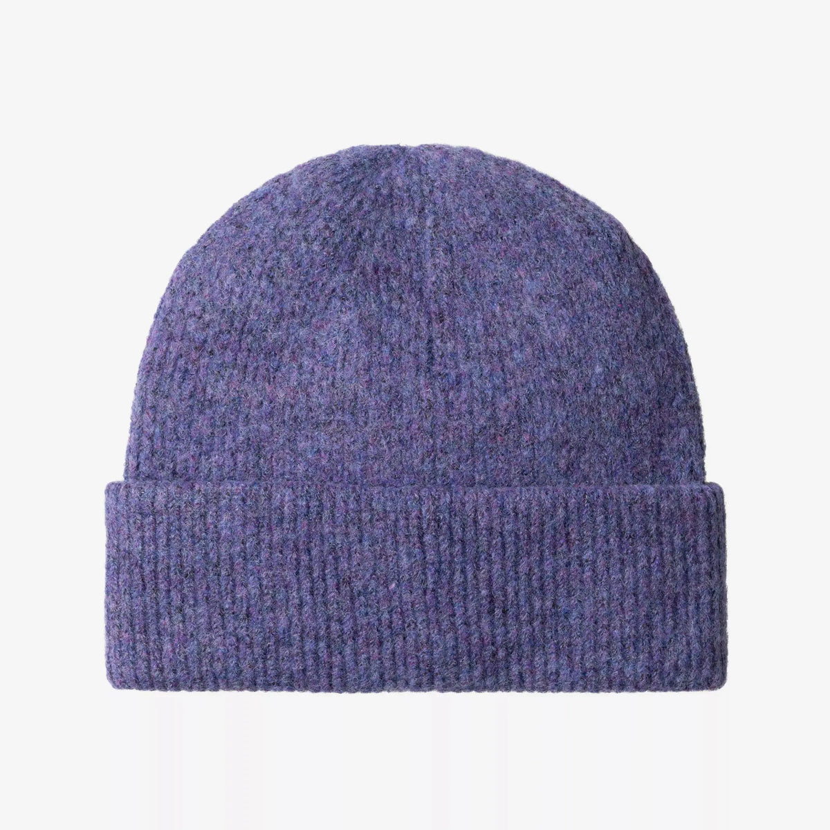 Dos du bonnet Curtis, maille côtelée mouchetée de violet et de bleu, revers large replié sans marquage