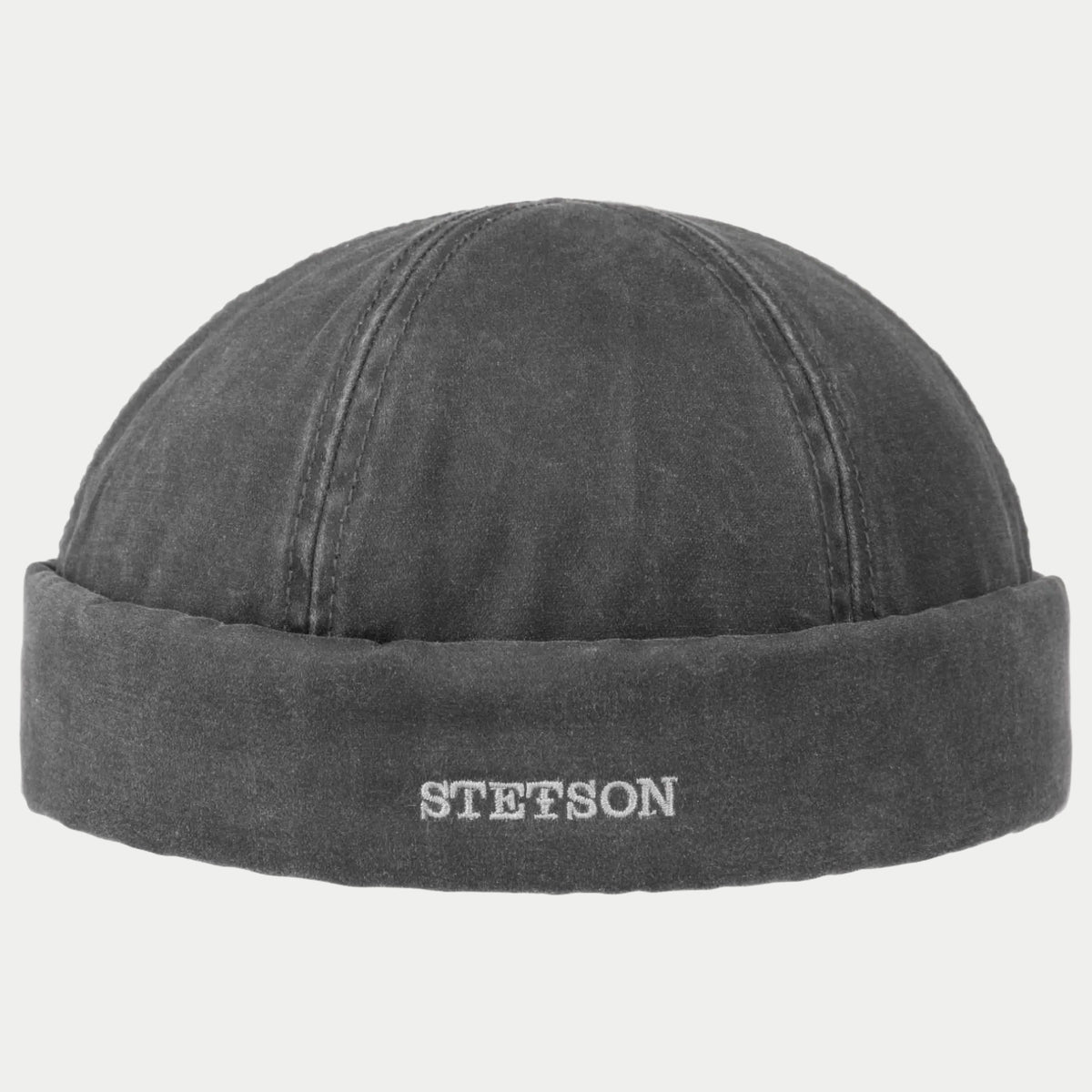 Bonnet docker en toile délavée gris anthracite, revers et broderie Stetson blanche