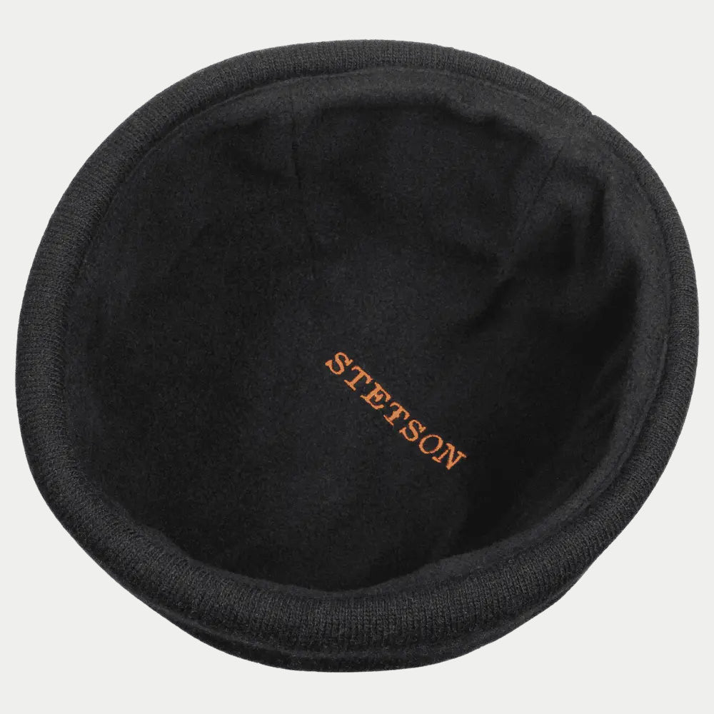 Intérieur du bonnet docker noir, doublure douce et broderie Stetson orange