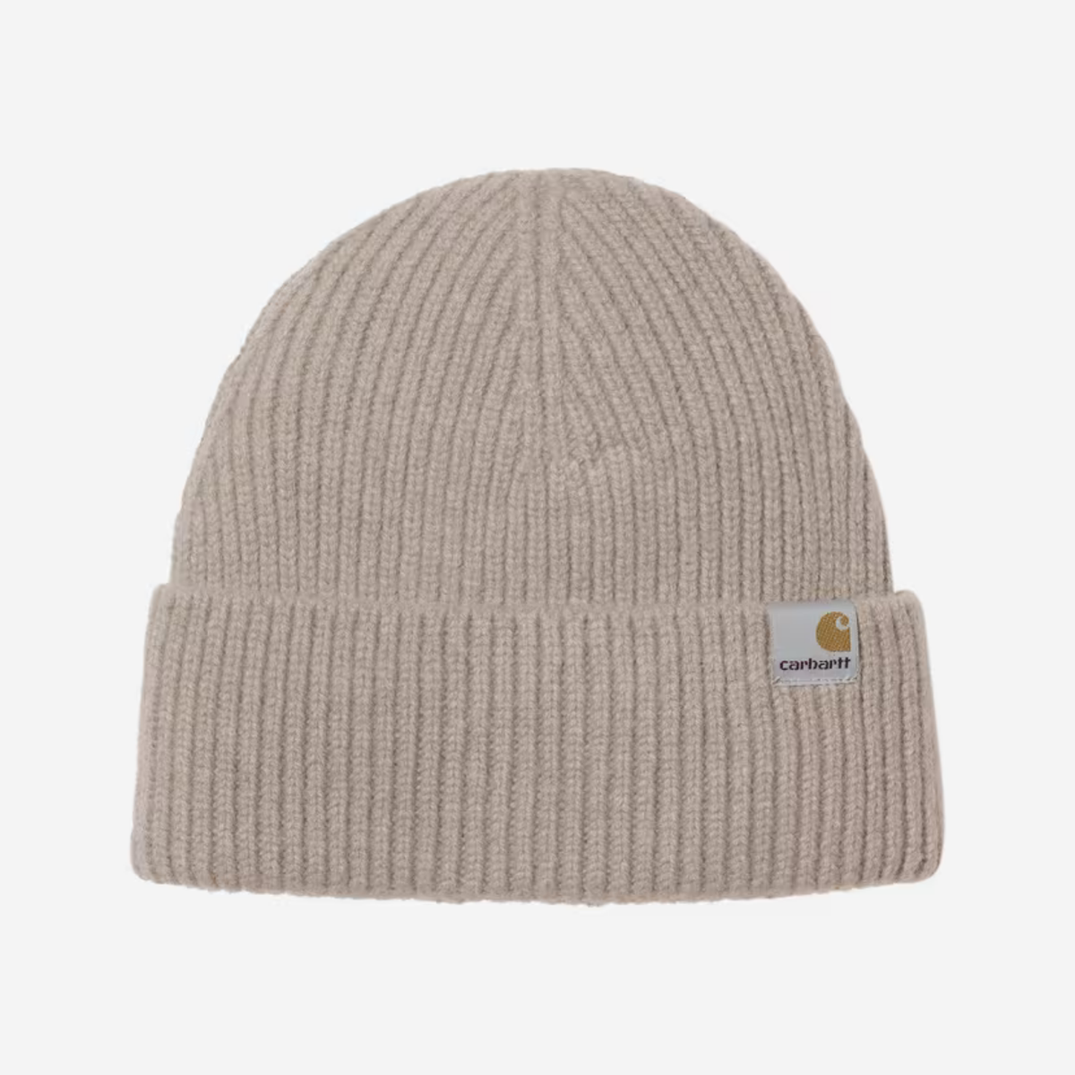 Bonnet Gabe Fleur de Sel beige sable Carhartt WIP à plat, maille côtelée et étiquette blanche sur le revers