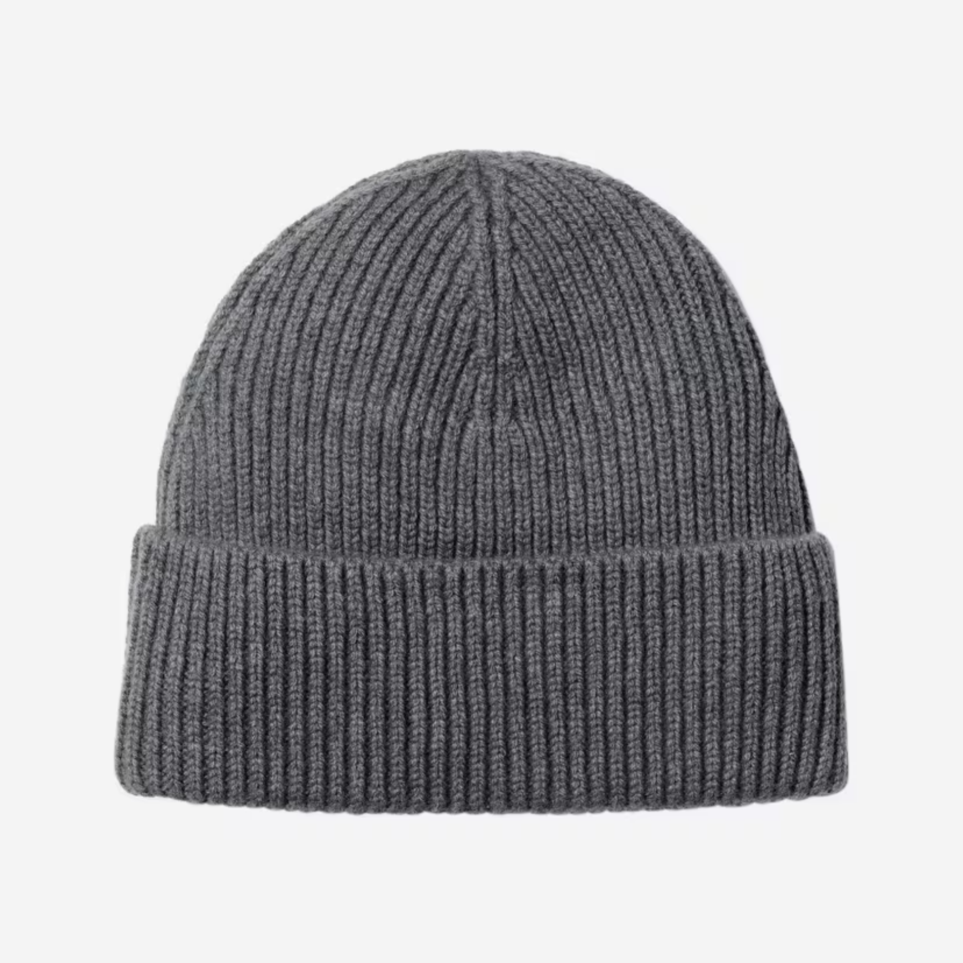 Bonnet Gabe Styx Carhartt WIP vu de dos, maille côtelée grise et large revers replié sans étiquette