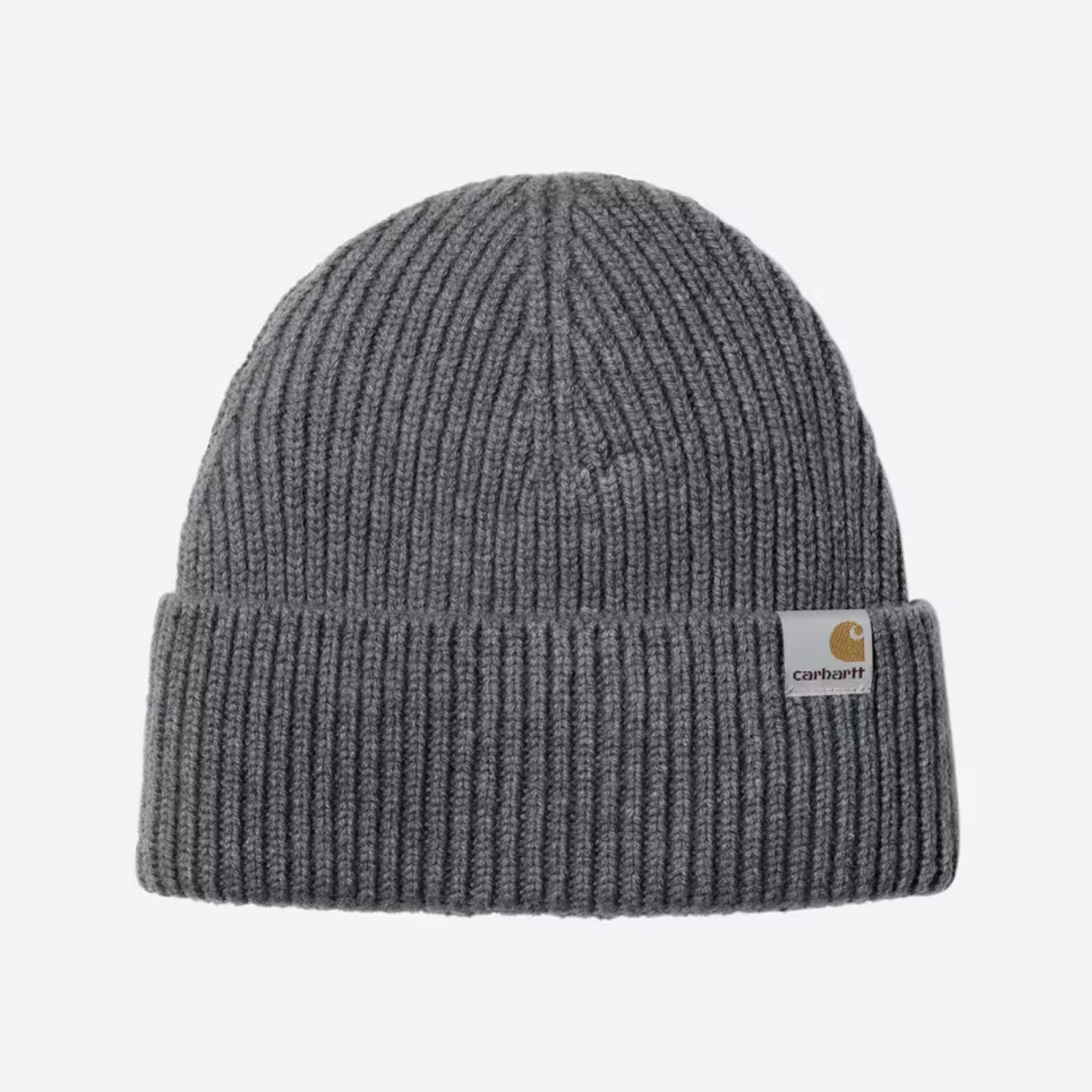 Bonnet Gabe Styx gris Carhartt WIP à plat, maille côtelée et étiquette Carhartt blanche sur le revers