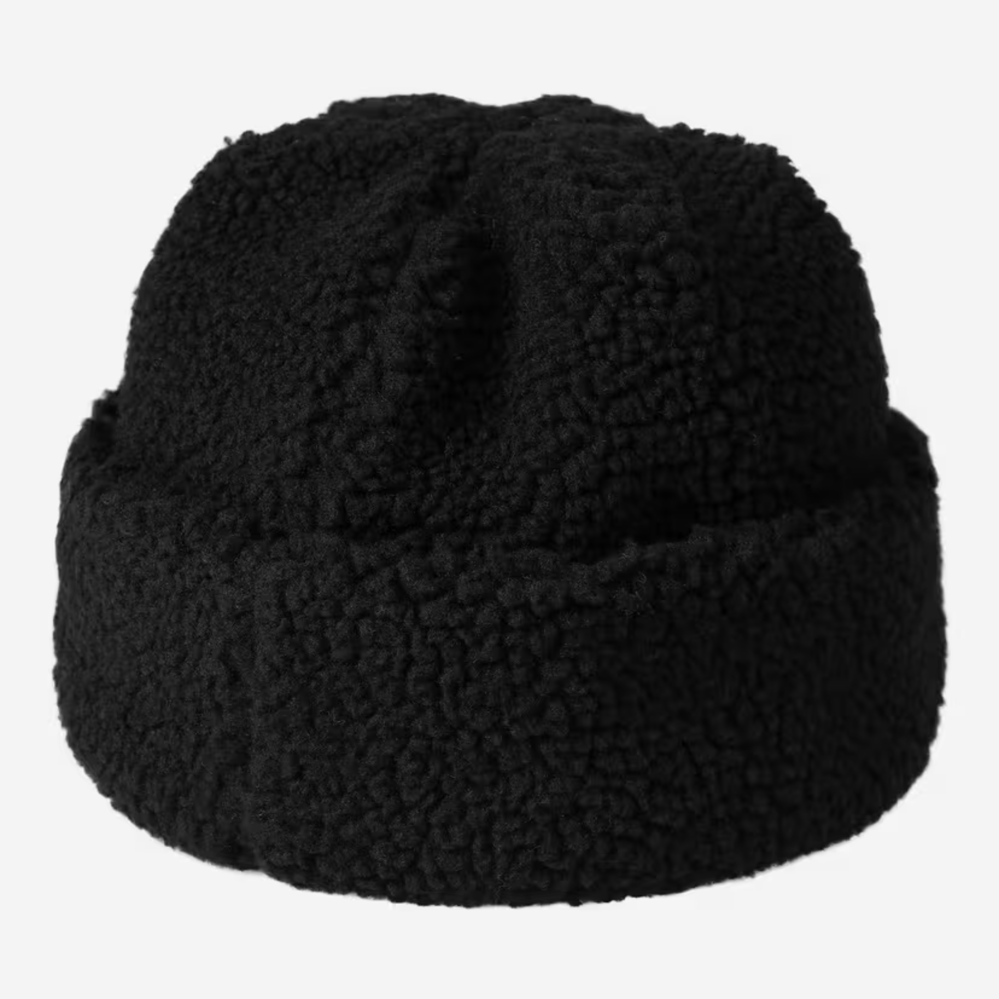 Bonnet Prentis noir Carhartt WIP vu de dos, polaire sherpa épaisse et revers replié sans étiquette