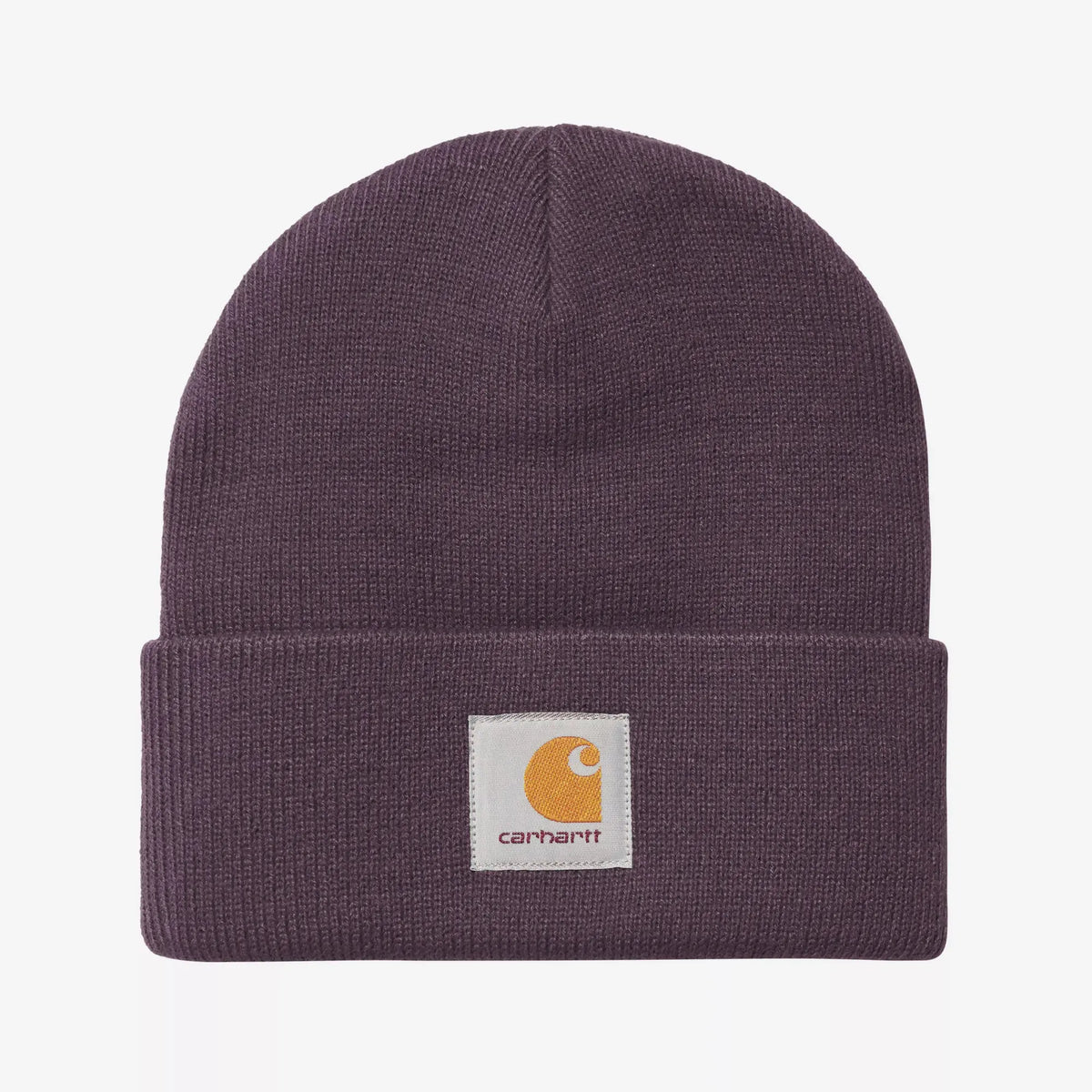 Bonnet Short Watch prune mat en maille côtelée fine, large revers replié portant l'étiquette Square Label