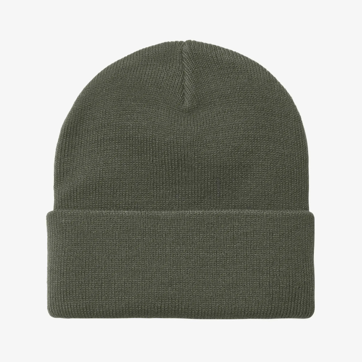 Bonnet Short Watch Shungite Carhartt WIP, vue de dos : revers côtelé uni en maille acrylique vert kaki grisé, sans étiquette