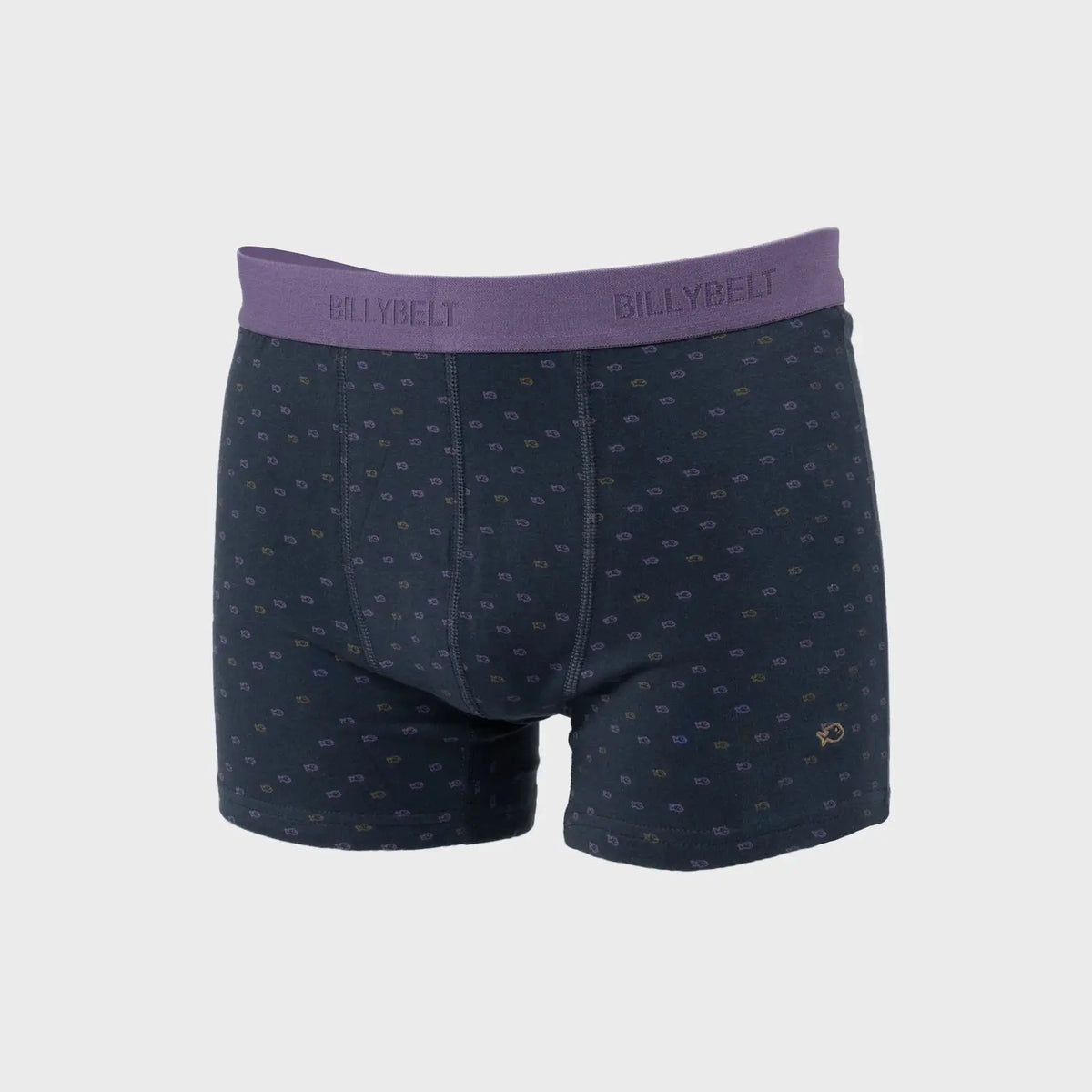 Boxer Billy à plat, fond Bleu Marine semé de minuscules poissons violets et ocre, large ceinture violette