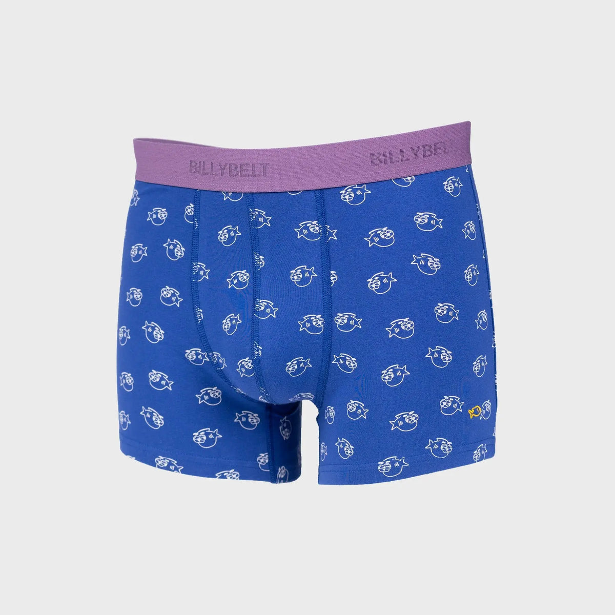 Boxer Billycool bleu roi à plat, imprimé têtes de poisson à lunettes de soleil blanches, ceinture parme
