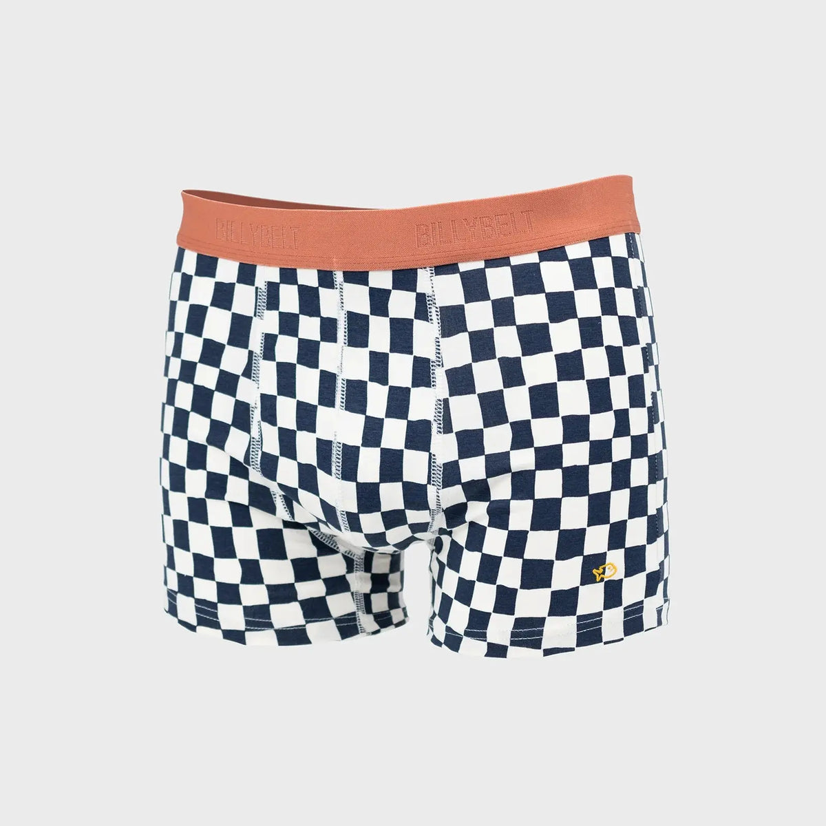 Boxer Checked à plat, damier Bleu Marine et blanc cassé façon échiquier, ceinture élastique terracotta