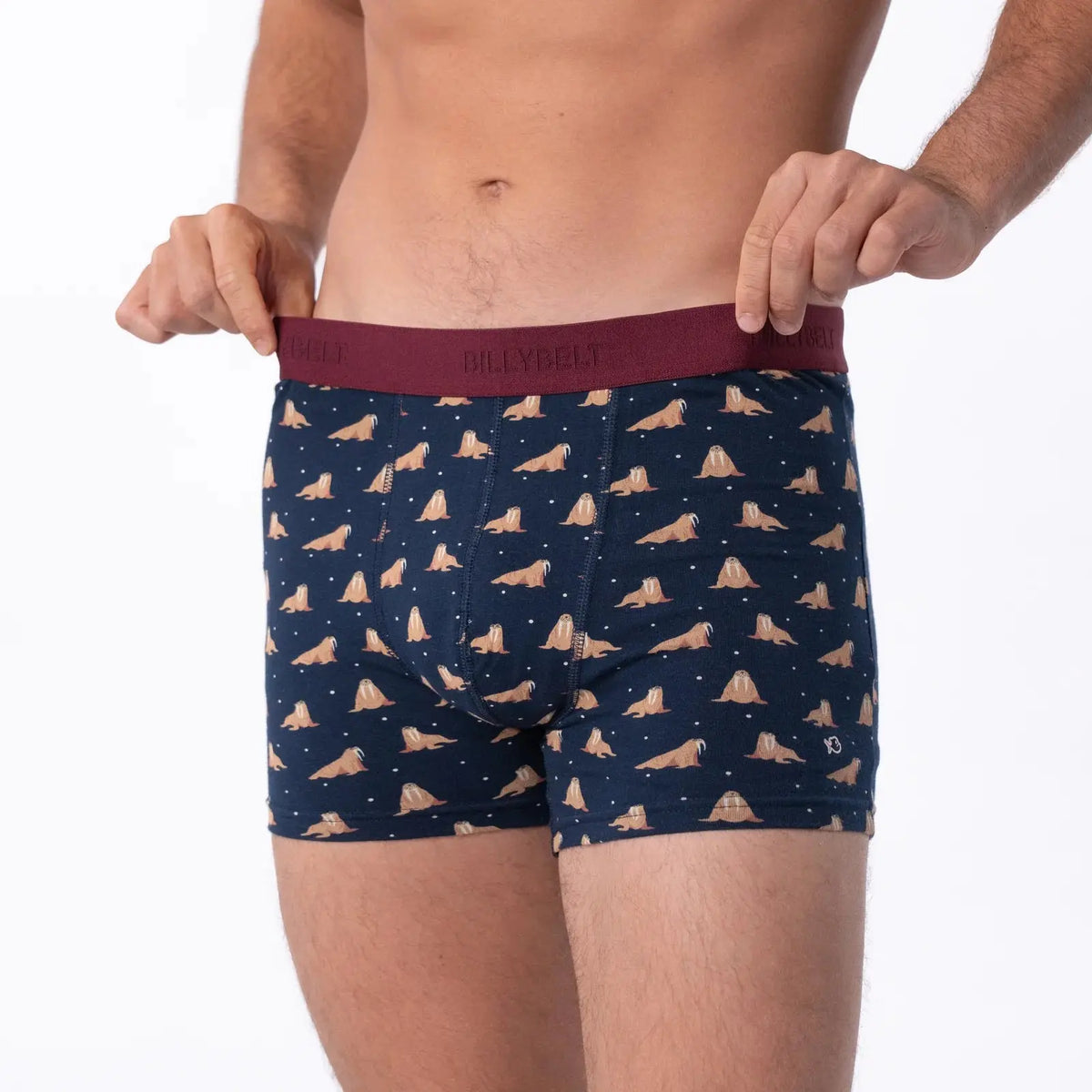 Boxer Freya de face, ceinture élastique bordeaux lettrée BILLYBELT au-dessus des morses et pois blancs