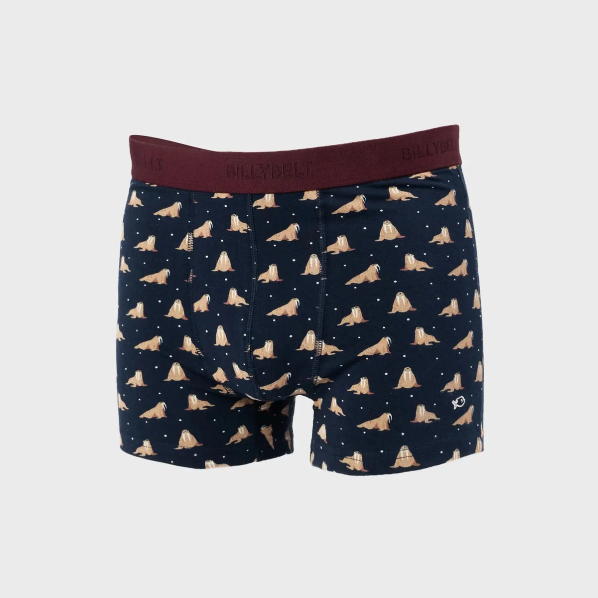 Boxer Freya à plat, imprimé morses beiges et pois blancs sur fond Bleu Marine, ceinture bordeaux foncé