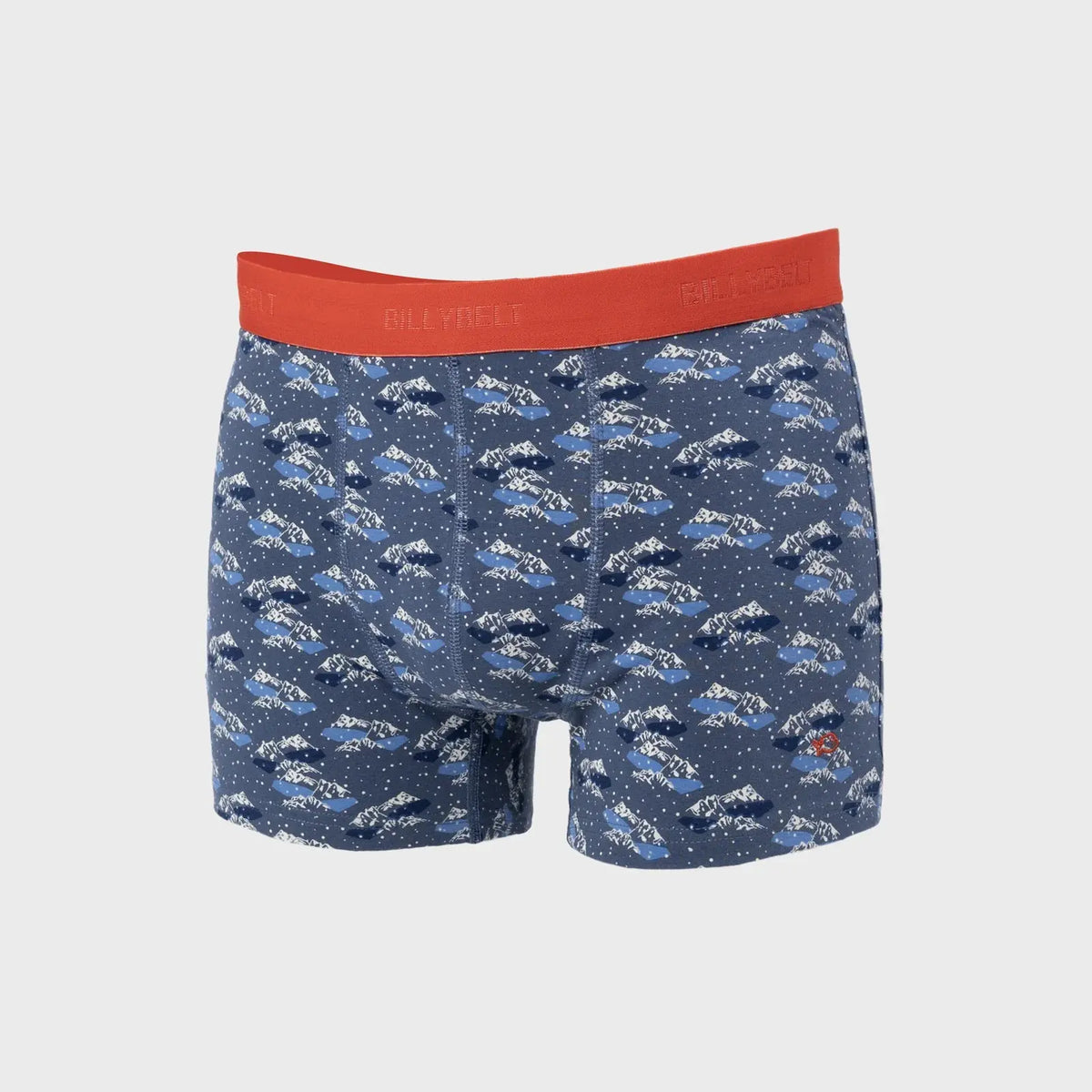 Boxer Glacier à plat, imprimé sommets enneigés bleus et blancs sur fond bleu jean, ceinture rouge vif