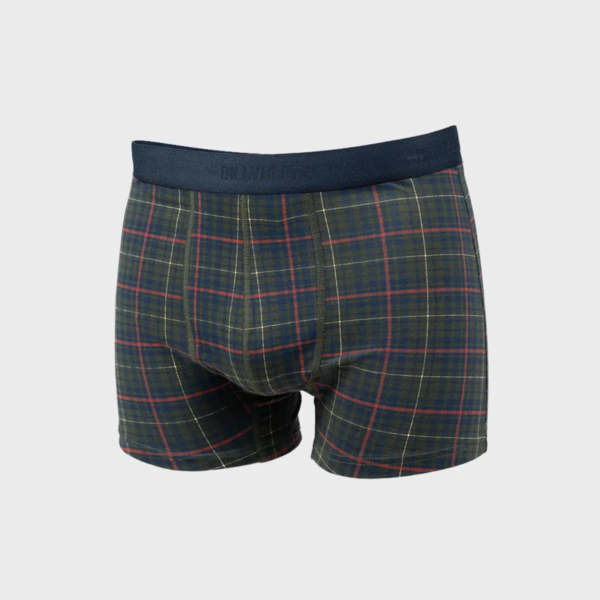 Boxer Highland à plat, carreaux tartan vert kaki et Bleu Marine rayés de rouge, ceinture Bleu Marine