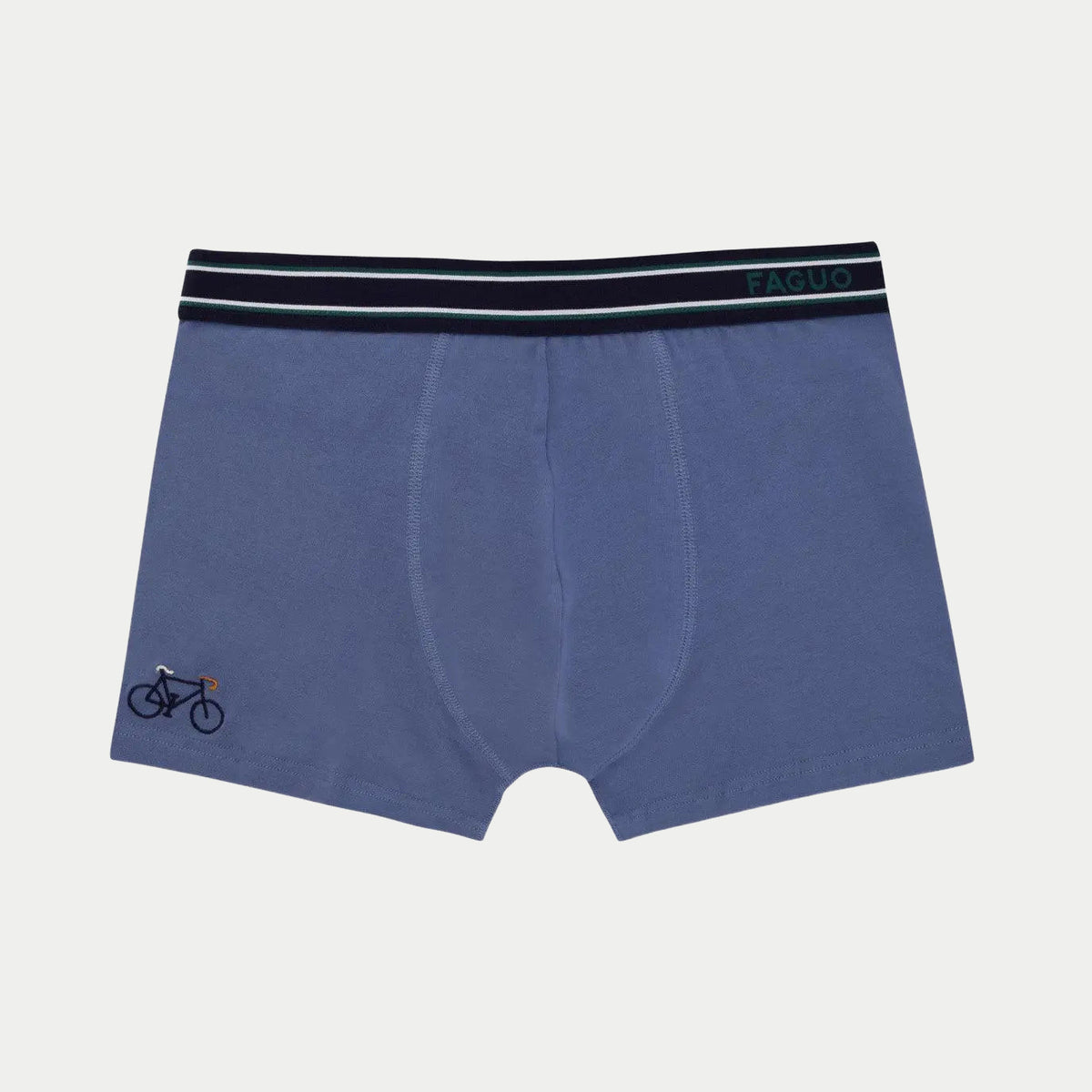 Boxer Faguo bleu jean de face, broderie vélo marine en bas de jambe et ceinture élastiquée rayée marine et blanc