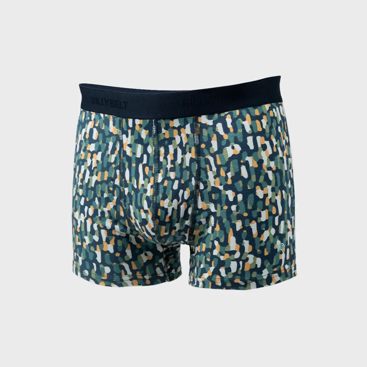 Boxer Mirage à plat de face, petites taches vert d'eau, kaki, blanches et ocre sur fond Bleu Marine